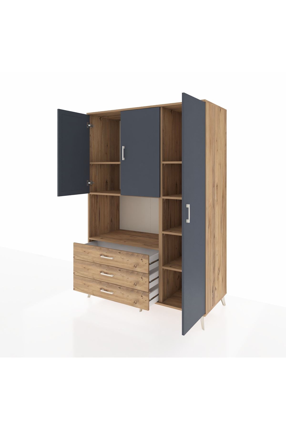 Kronos Dolap 7 Raflı 3 Çekmeceli 3 Kapaklı 132x59x195 Çam-Antrasit/Çam