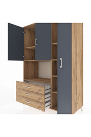 Kronos Dolap 7 Raflı 3 Çekmeceli 3 Kapaklı 132x59x195 Çam-Antrasit/Çam