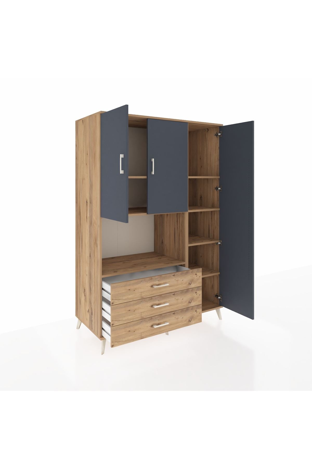 Kronos Dolap 7 Raflı 3 Çekmeceli 3 Kapaklı 132x59x195 Çam-Antrasit/Çam