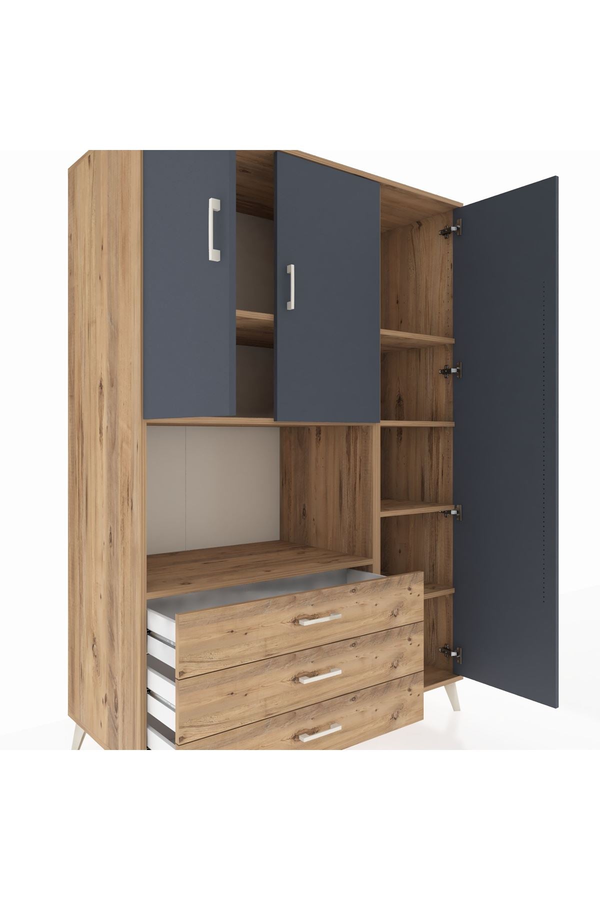 Kronos Dolap 7 Raflı 3 Çekmeceli 3 Kapaklı 132x59x195 Çam-Antrasit/Çam