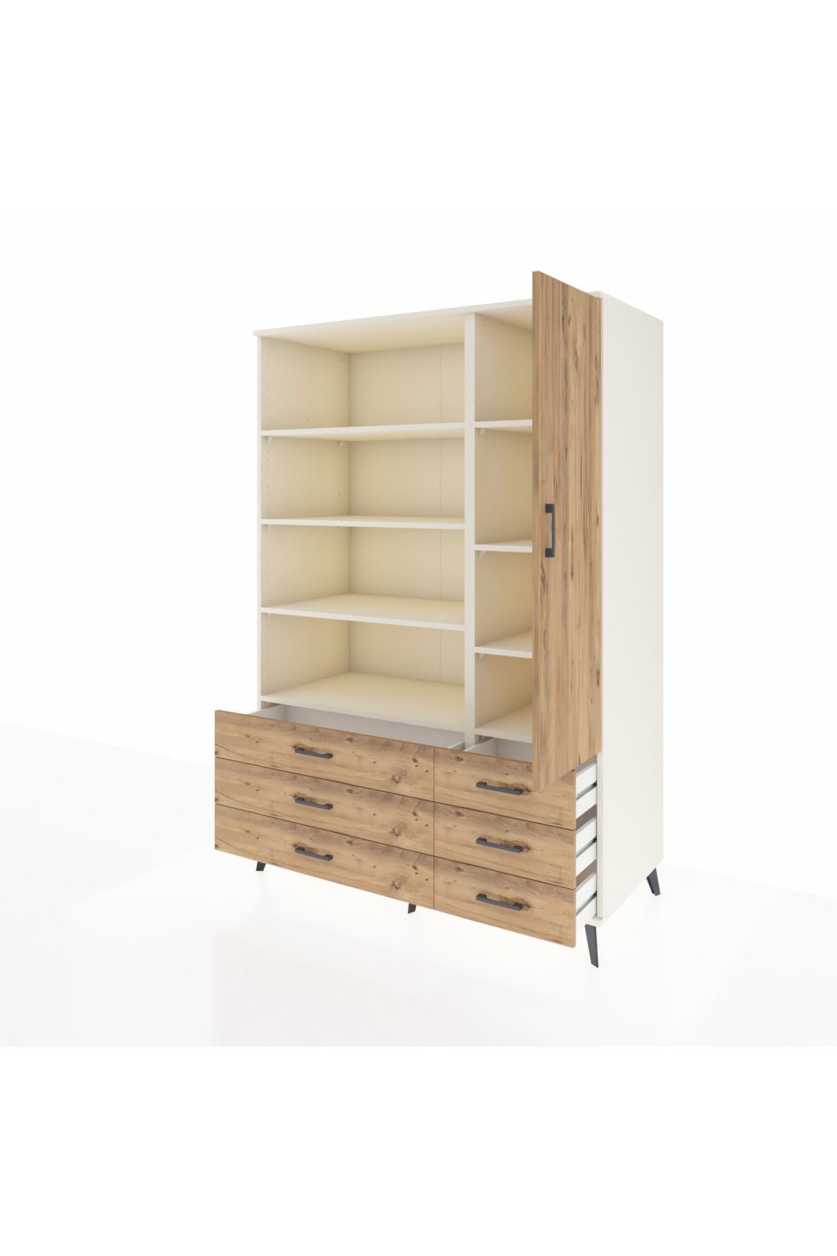 Kronos Dolap 8 Raflı 6 Çekmeceli Tek Kapaklı 132x59x195 Aytaşı-Çam/Çam