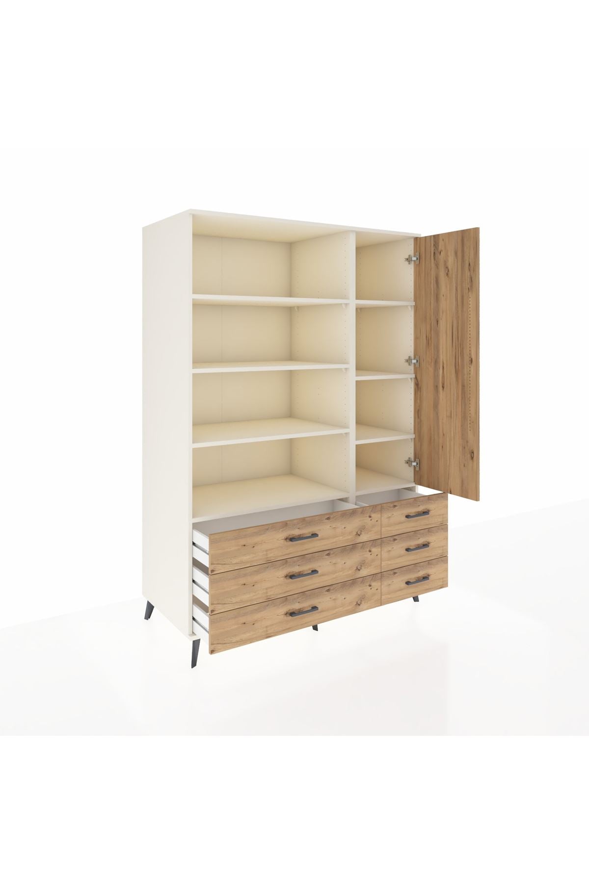 Kronos Dolap 8 Raflı 6 Çekmeceli Tek Kapaklı 132x59x195 Aytaşı-Çam/Çam