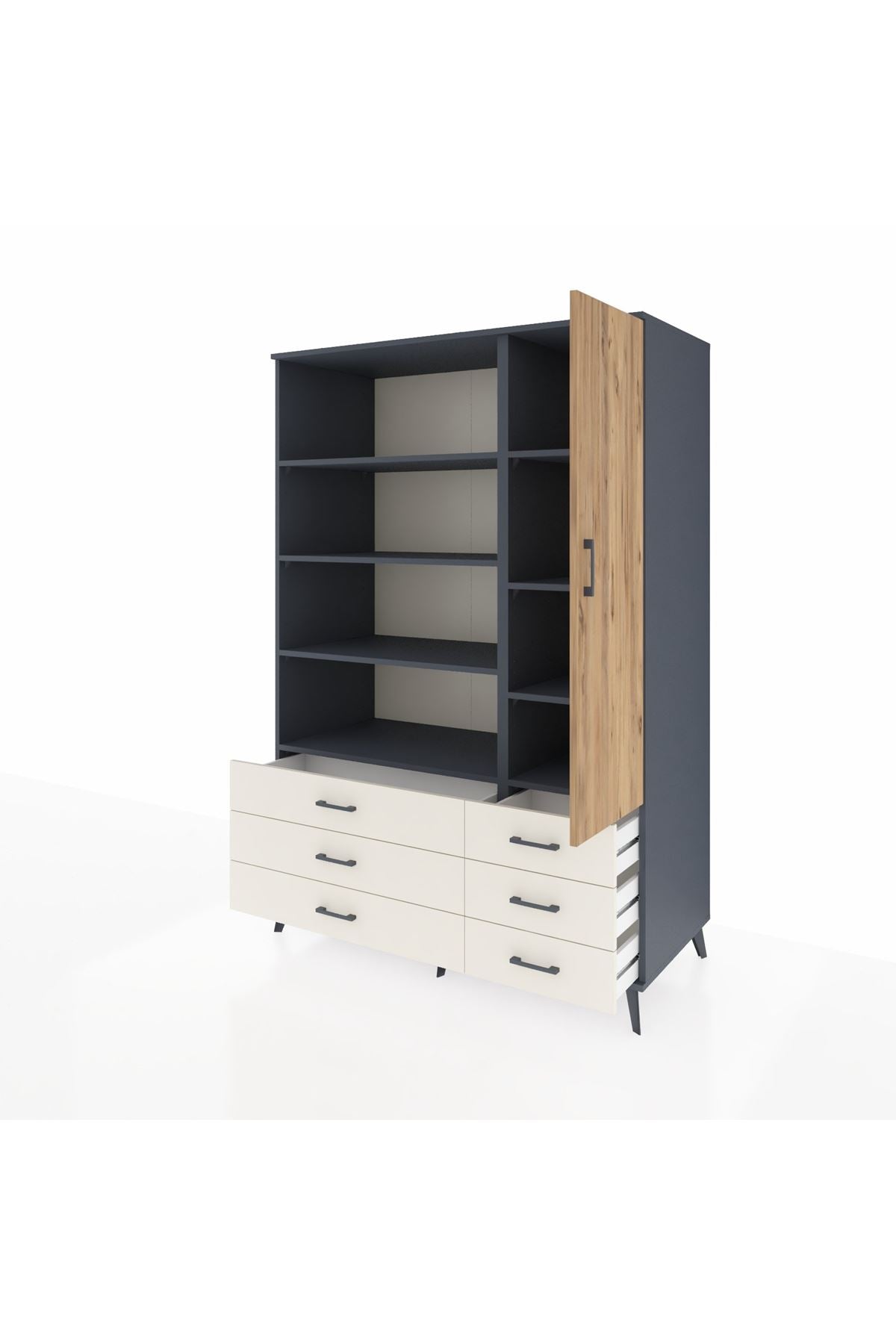 Kronos Dolap 8 Raflı 6 Çekmeceli Tek Kapaklı 132x59x195 Antrasit-Çam/Aytaşı