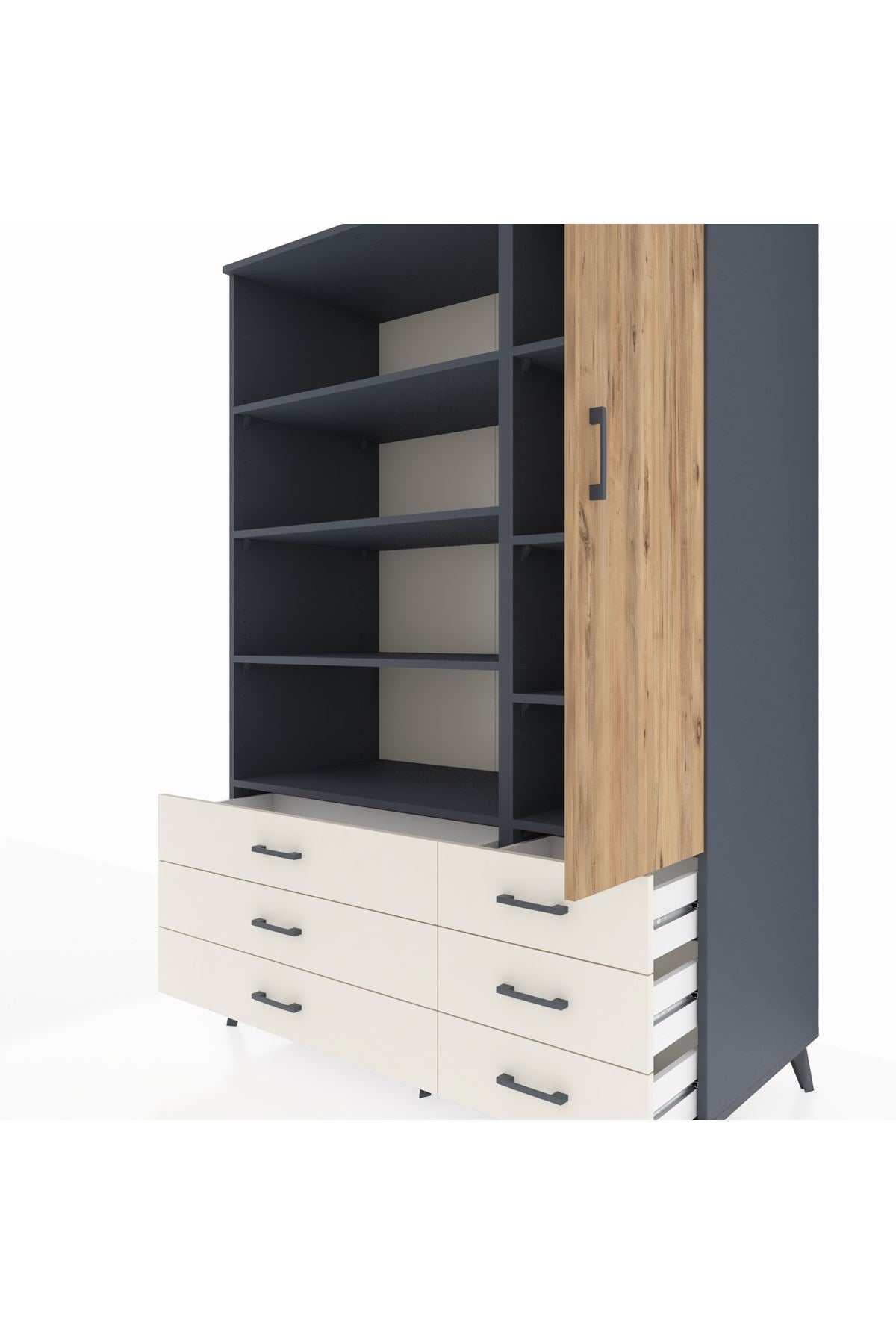Kronos Dolap 8 Raflı 6 Çekmeceli Tek Kapaklı 132x59x195 Antrasit-Çam/Aytaşı