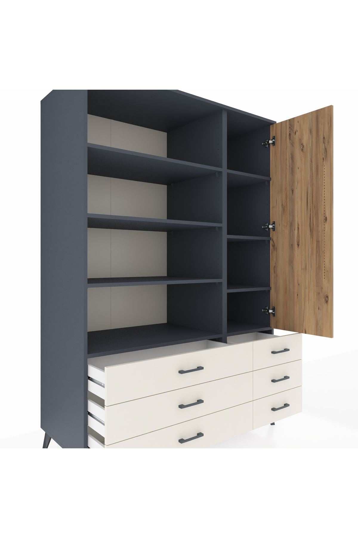 Kronos Dolap 8 Raflı 6 Çekmeceli Tek Kapaklı 132x59x195 Antrasit-Çam/Aytaşı