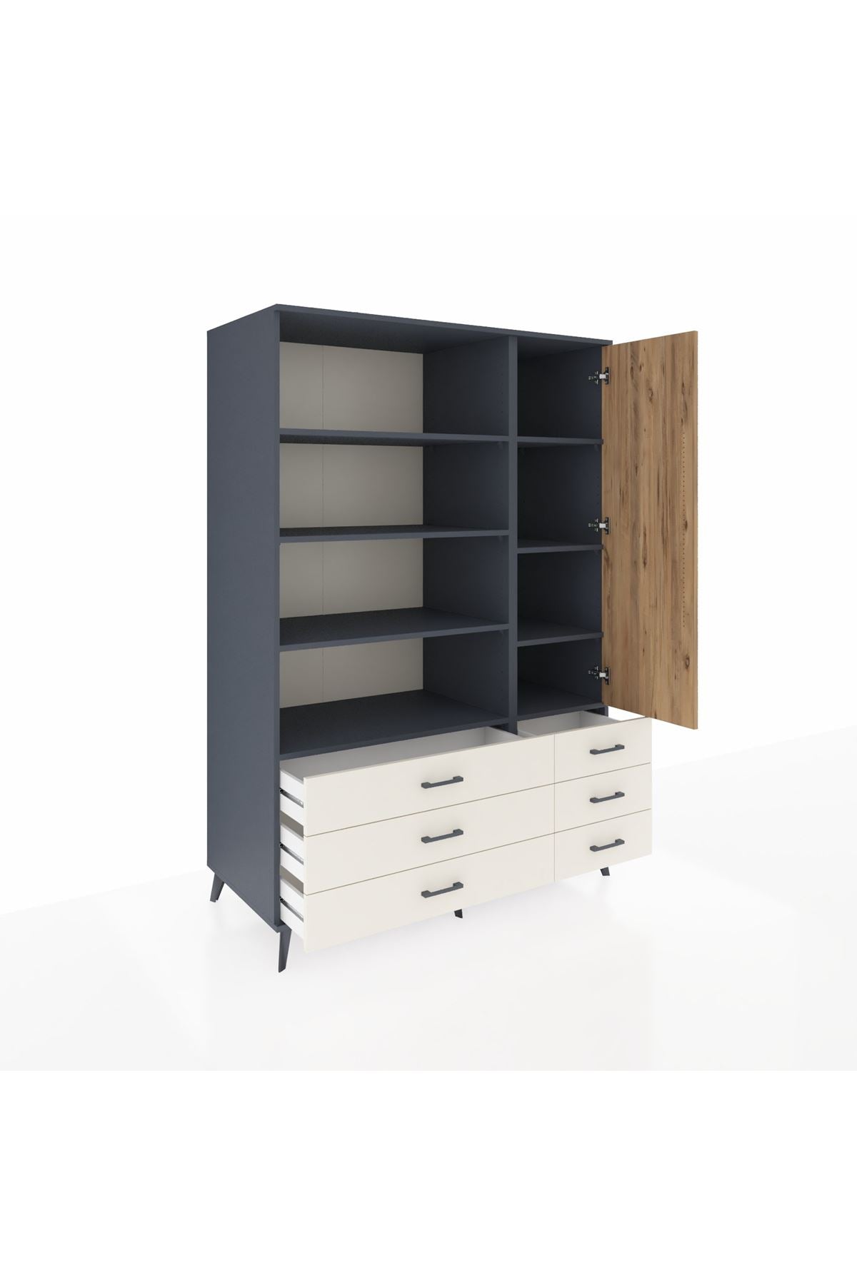 Kronos Dolap 8 Raflı 6 Çekmeceli Tek Kapaklı 132x59x195 Antrasit-Çam/Aytaşı
