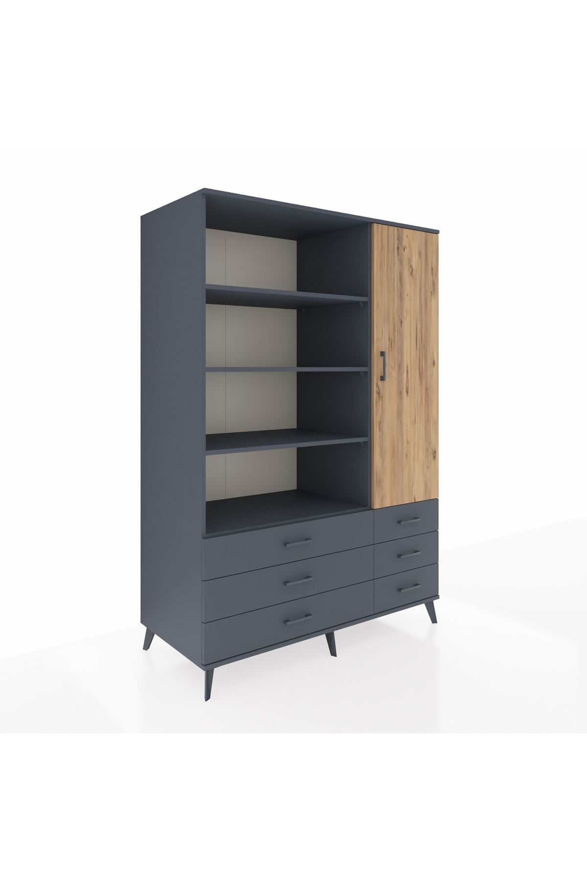 Kronos Dolap 8 Raflı 6 Çekmeceli Tek Kapaklı 132x59x195 Antrasit-Çam/Antrasit