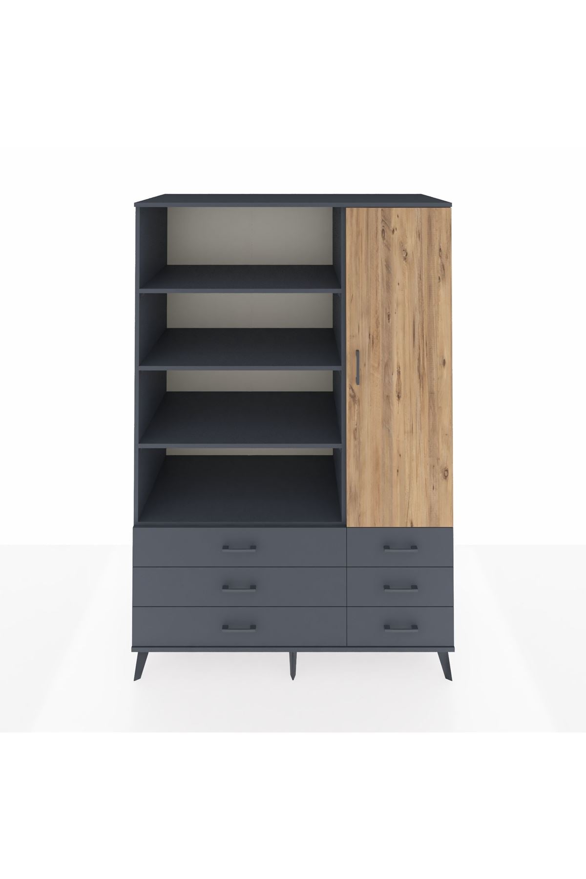 Kronos Dolap 8 Raflı 6 Çekmeceli Tek Kapaklı 132x59x195 Antrasit-Çam/Antrasit