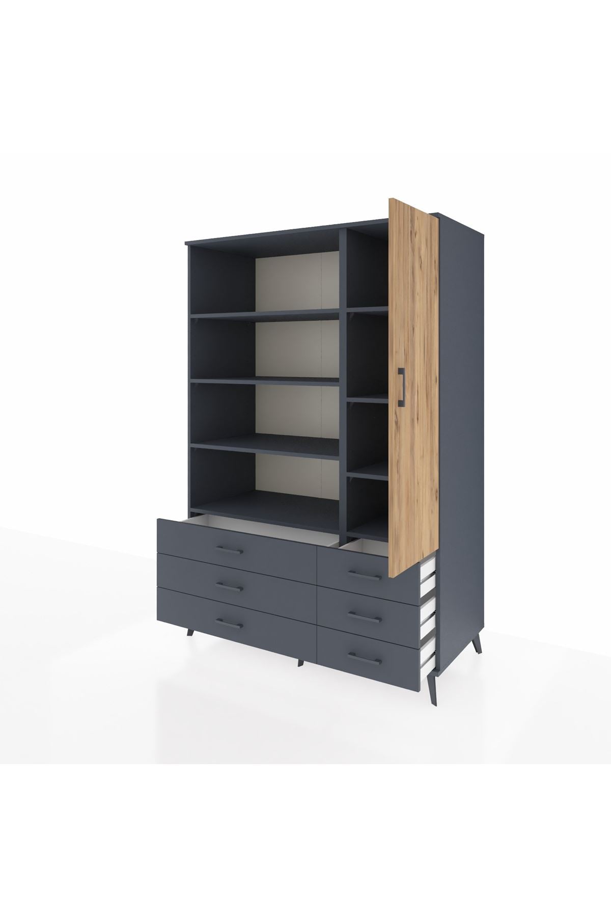 Kronos Dolap 8 Raflı 6 Çekmeceli Tek Kapaklı 132x59x195 Antrasit-Çam/Antrasit