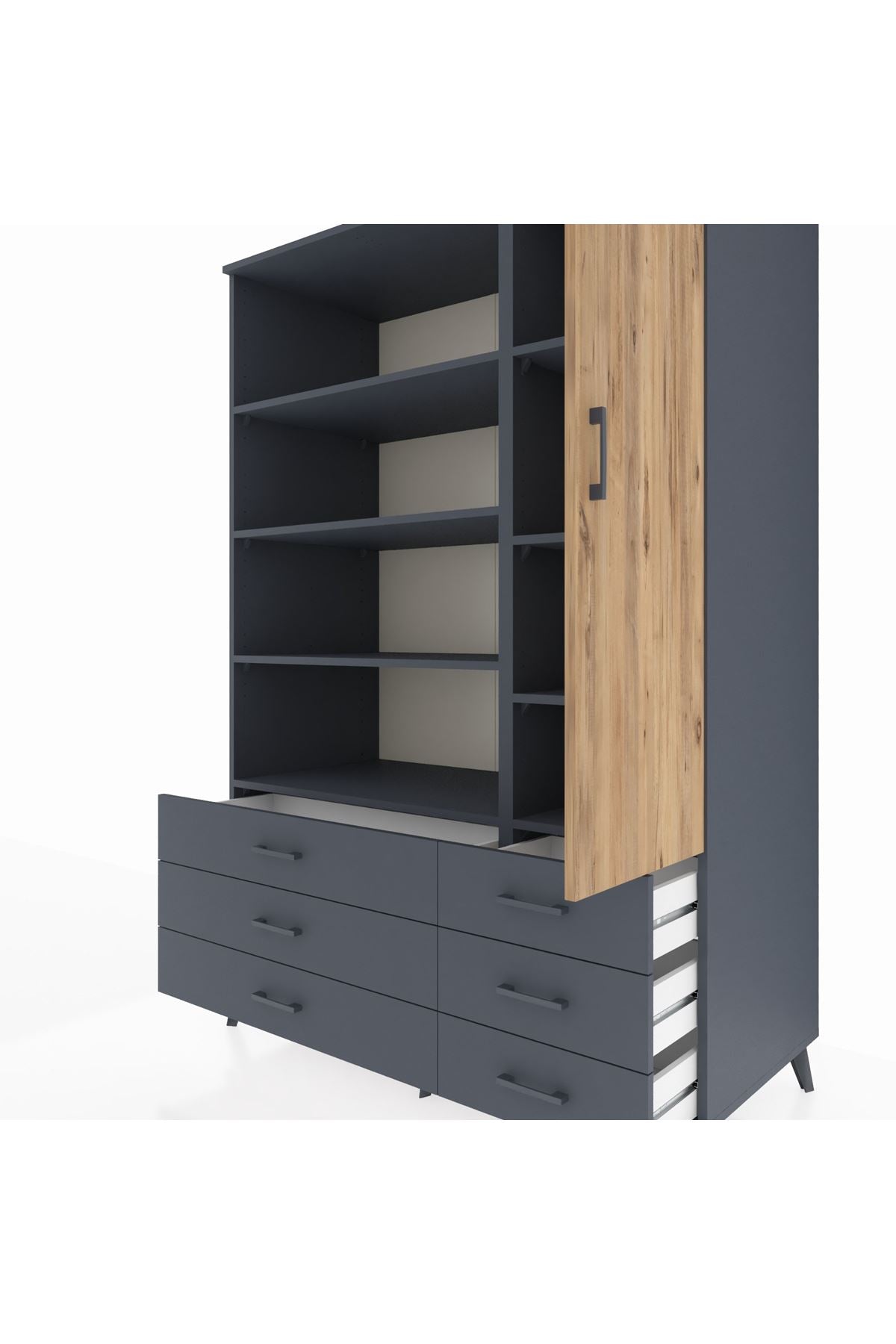 Kronos Dolap 8 Raflı 6 Çekmeceli Tek Kapaklı 132x59x195 Antrasit-Çam/Antrasit