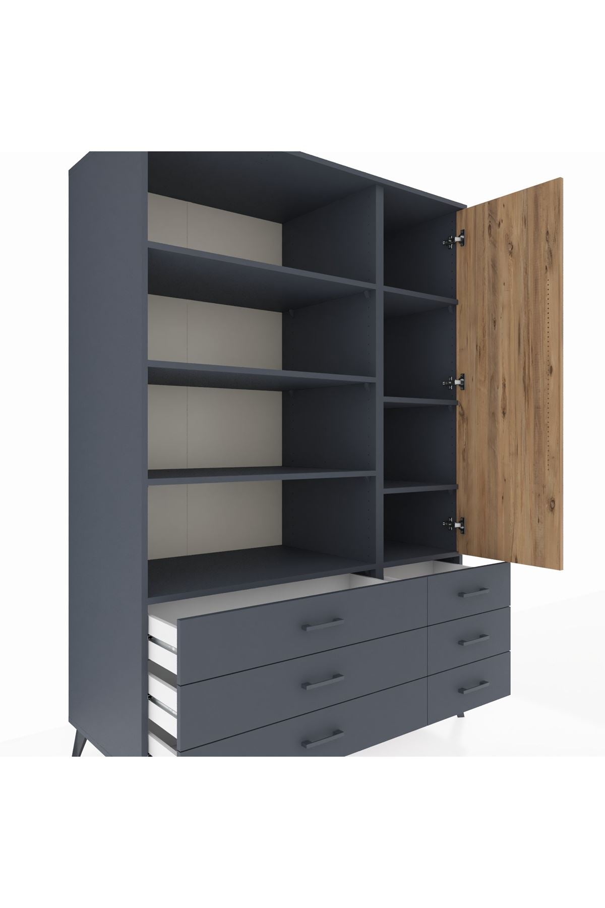 Kronos Dolap 8 Raflı 6 Çekmeceli Tek Kapaklı 132x59x195 Antrasit-Çam/Antrasit