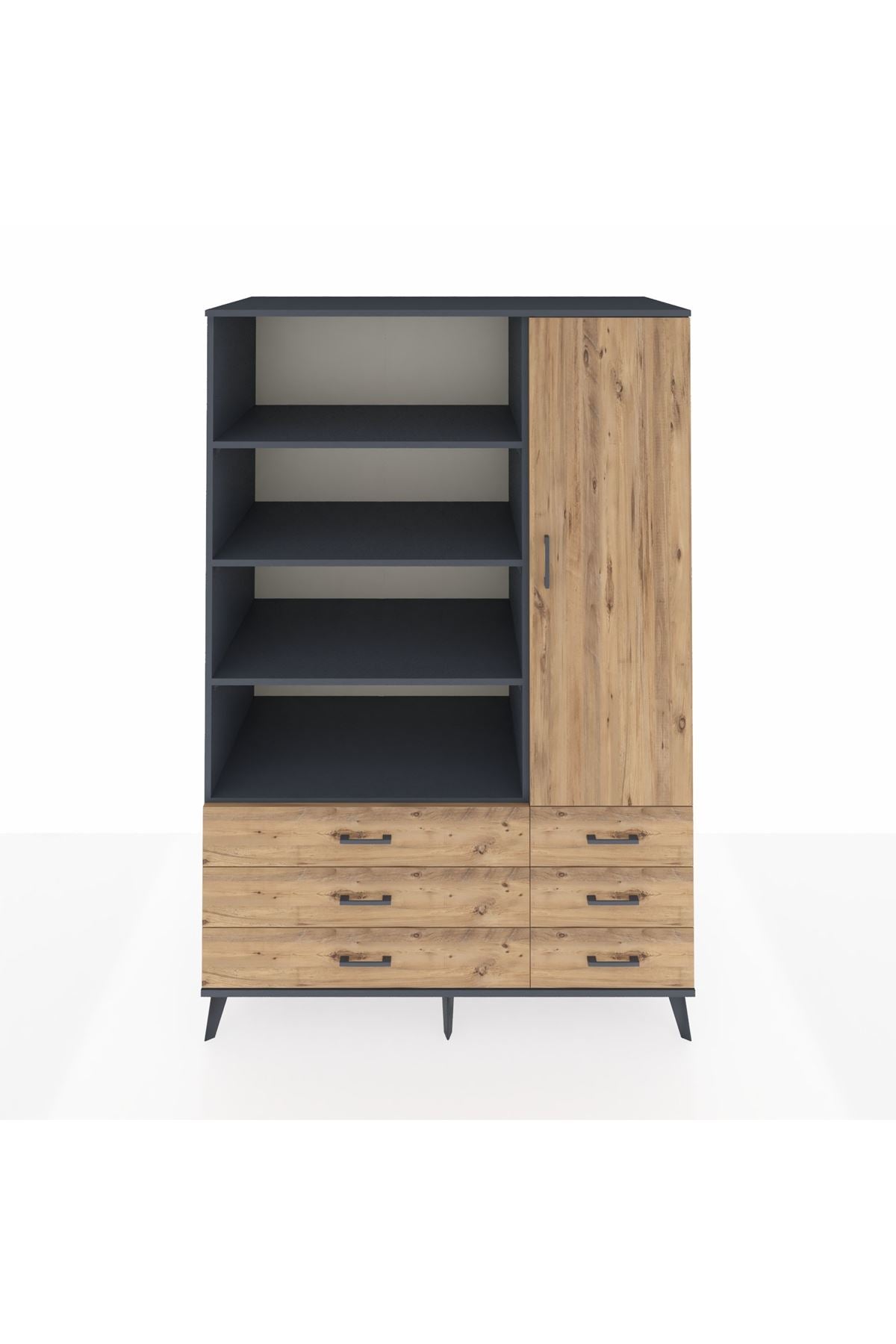 Kronos Dolap 8 Raflı 6 Çekmeceli Tek Kapaklı 132x59x195 Antrasit-Çam/Çam