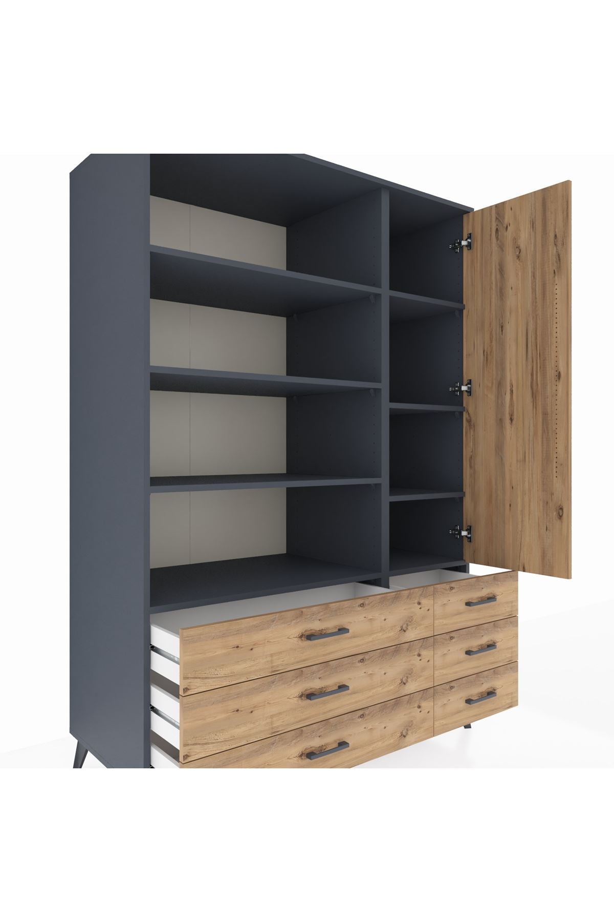 Kronos Dolap 8 Raflı 6 Çekmeceli Tek Kapaklı 132x59x195 Antrasit-Çam/Çam