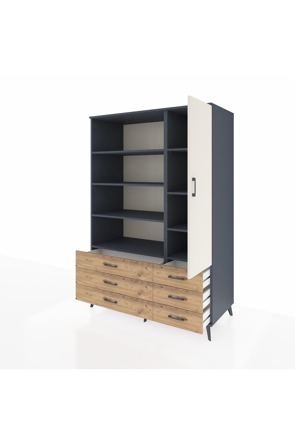 Kronos Dolap 8 Raflı 6 Çekmeceli Tek Kapaklı 132x59x195 Antrasit-Aytaşı/Çam