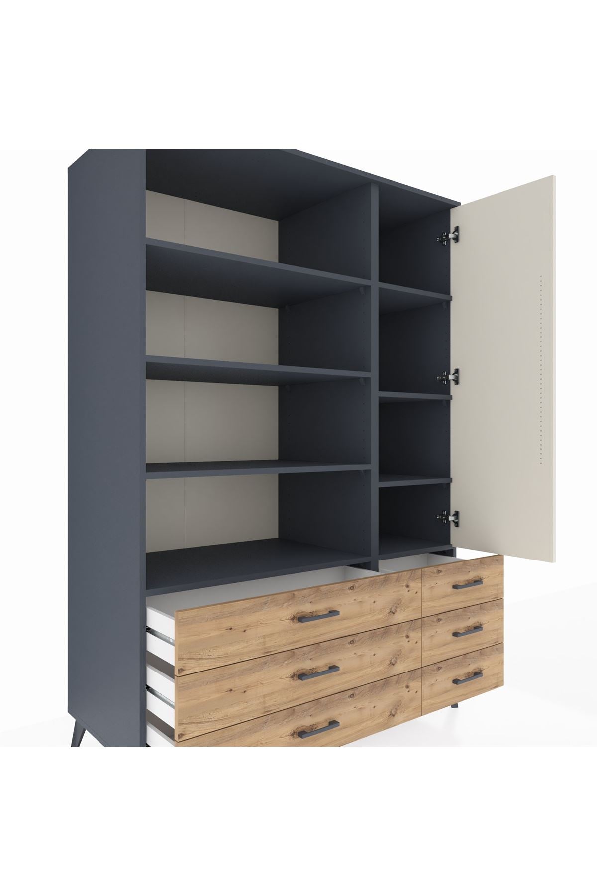 Kronos Dolap 8 Raflı 6 Çekmeceli Tek Kapaklı 132x59x195 Antrasit-Aytaşı/Çam
