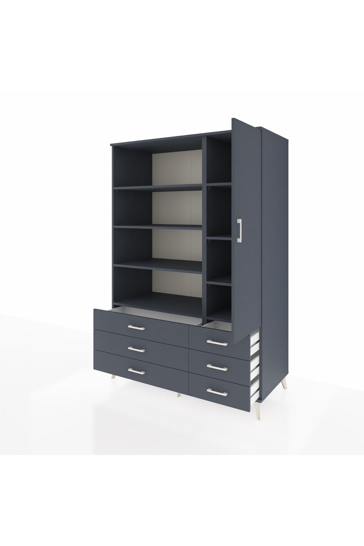 Kronos Dolap 8 Raflı 6 Çekmeceli Tek Kapaklı 132x59x195 Antrasit-Antrasit/Antrasit