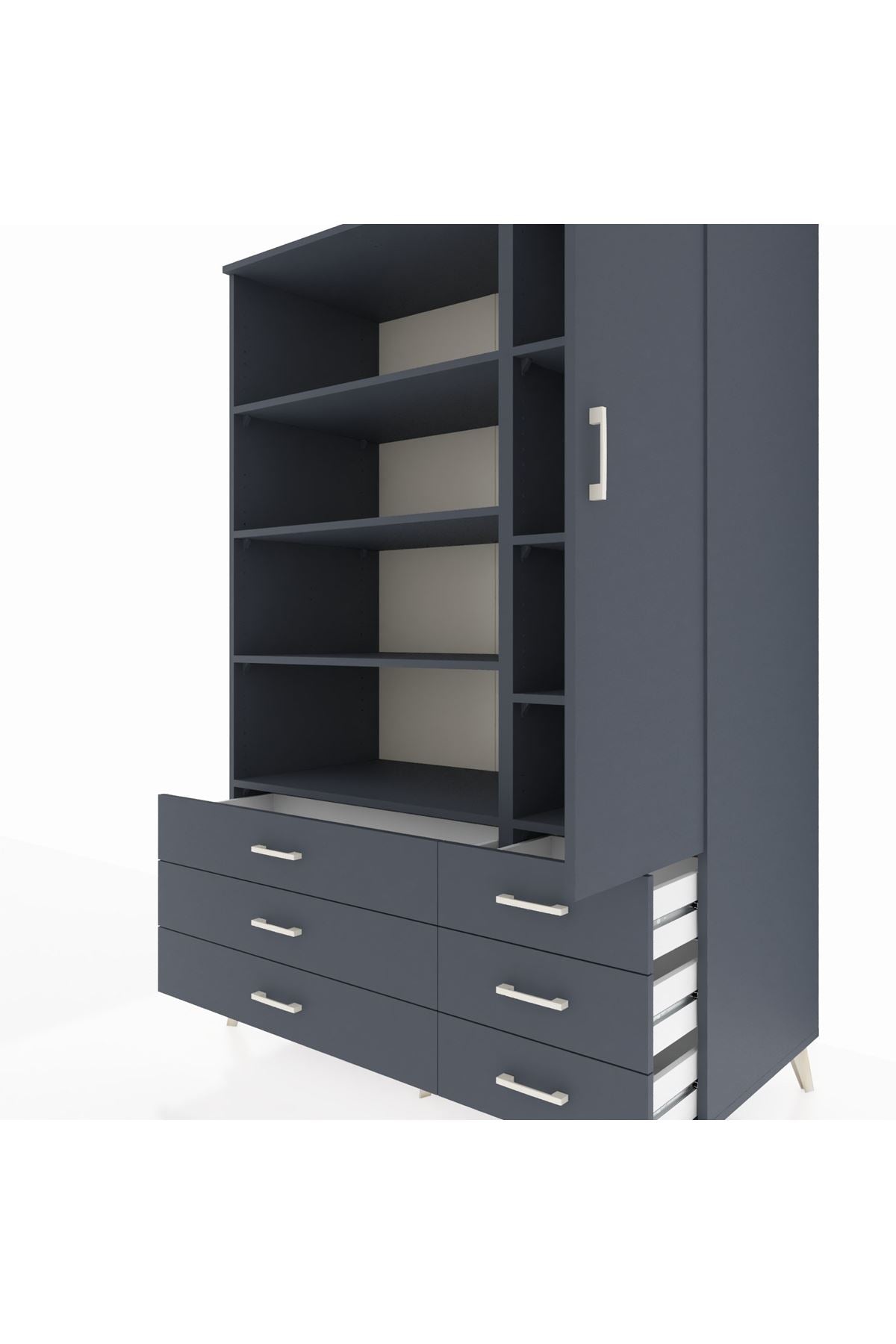Kronos Dolap 8 Raflı 6 Çekmeceli Tek Kapaklı 132x59x195 Antrasit-Antrasit/Antrasit