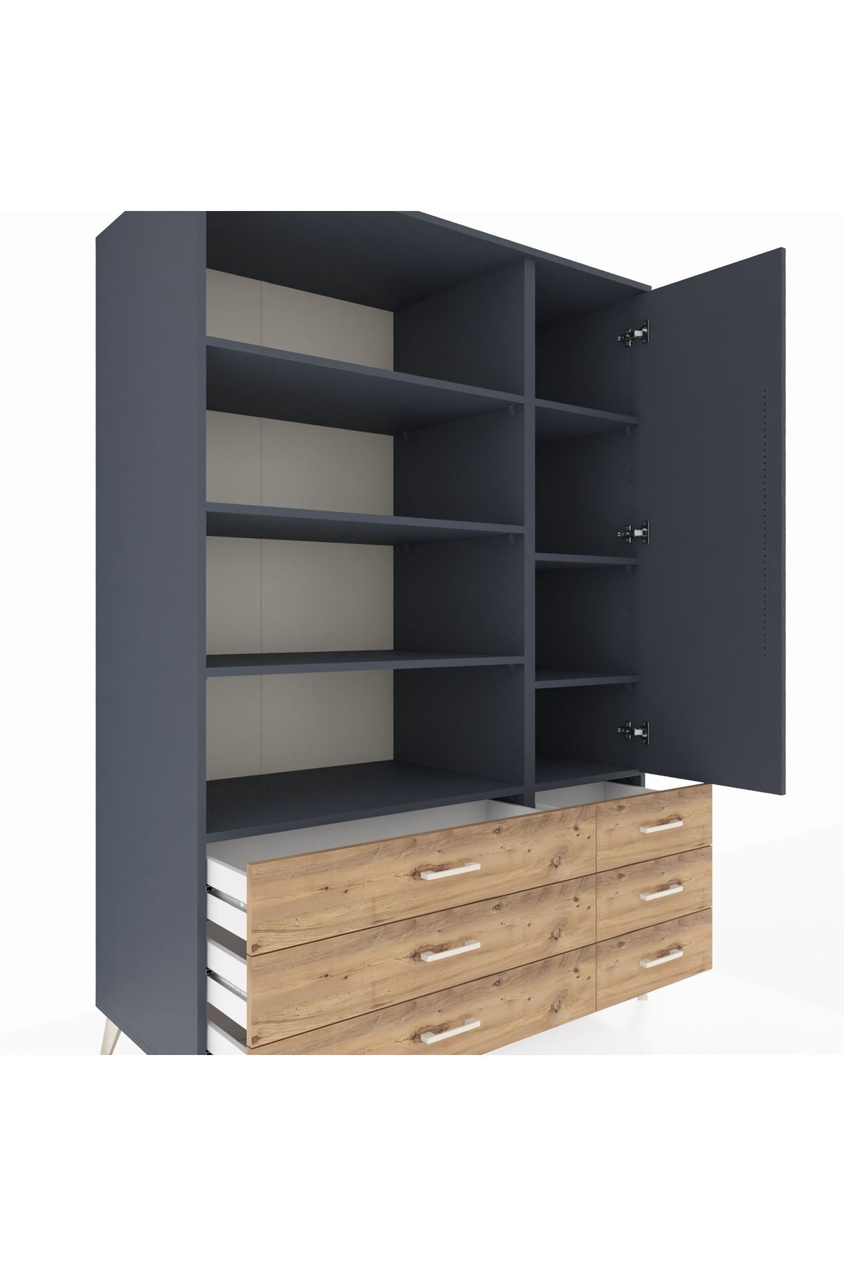 Kronos Dolap 8 Raflı 6 Çekmeceli Tek Kapaklı 132x59x195 Antrasit-Antrasit/Çam