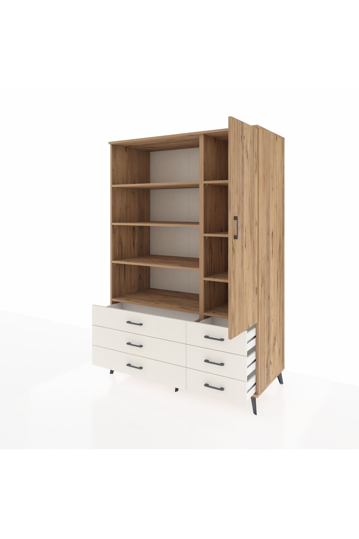 Kronos Dolap 8 Raflı 6 Çekmeceli Tek Kapaklı 132x59x195 Çam-Çam/Aytaşı