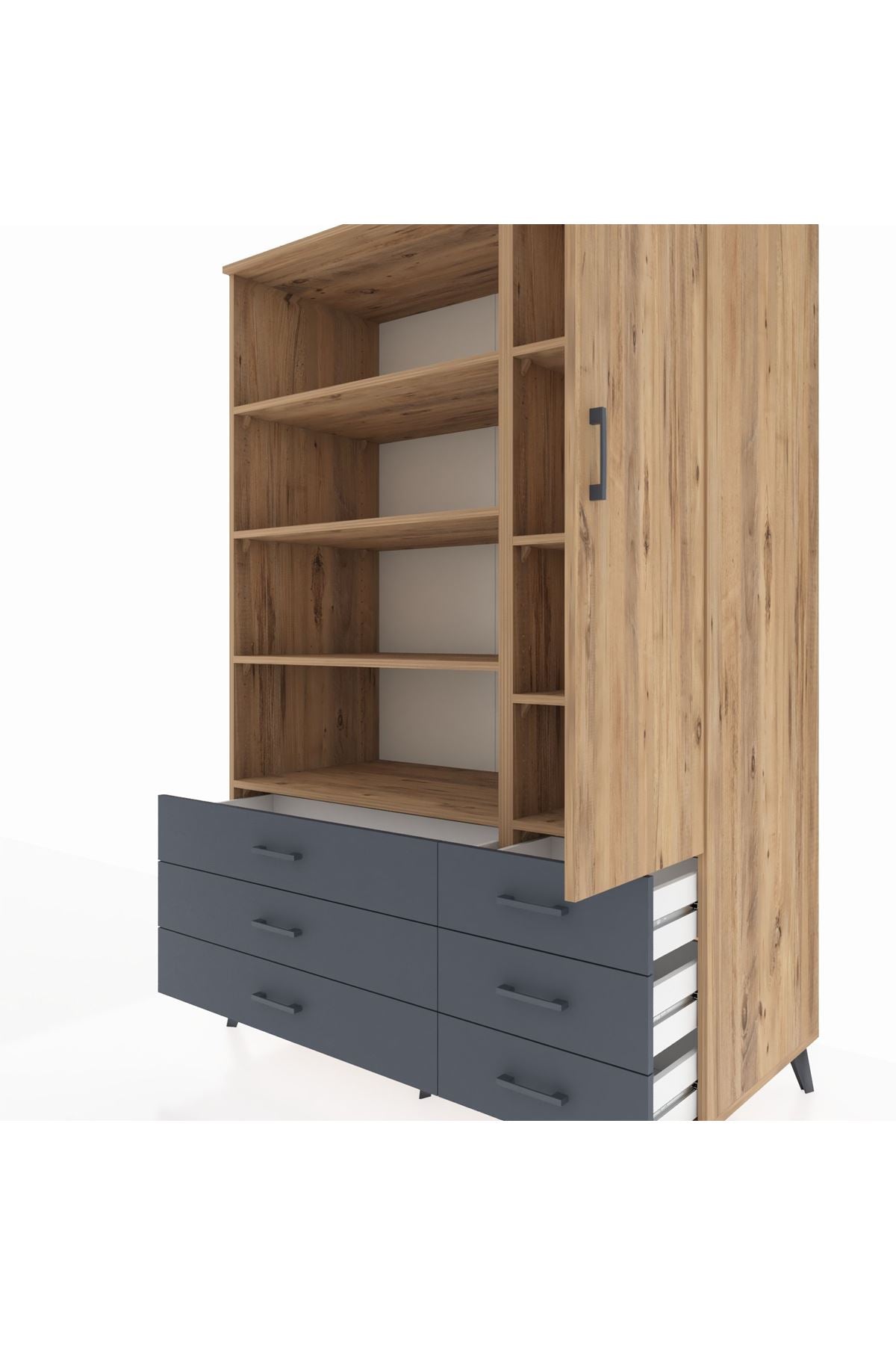 Kronos Dolap 8 Raflı 6 Çekmeceli Tek Kapaklı 132x59x195 Çam-Çam/Antrasit