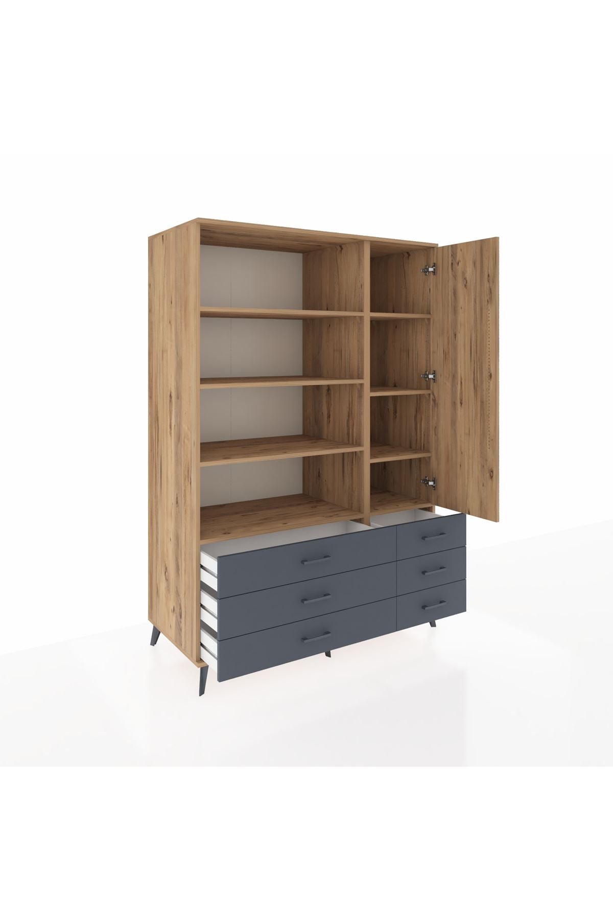 Kronos Dolap 8 Raflı 6 Çekmeceli Tek Kapaklı 132x59x195 Çam-Çam/Antrasit