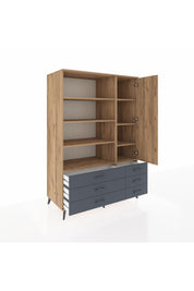 Kronos Dolap 8 Raflı 6 Çekmeceli Tek Kapaklı 132x59x195 Çam-Çam/Antrasit