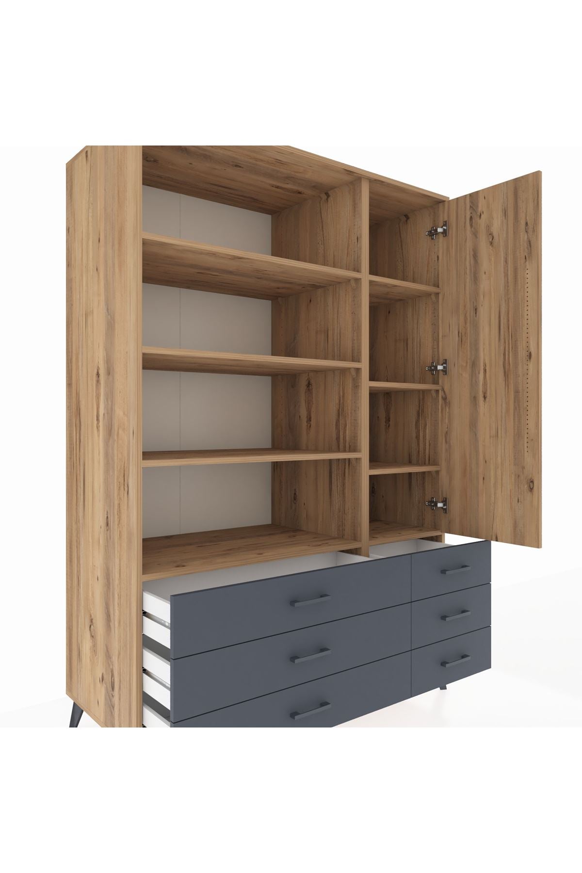 Kronos Dolap 8 Raflı 6 Çekmeceli Tek Kapaklı 132x59x195 Çam-Çam/Antrasit