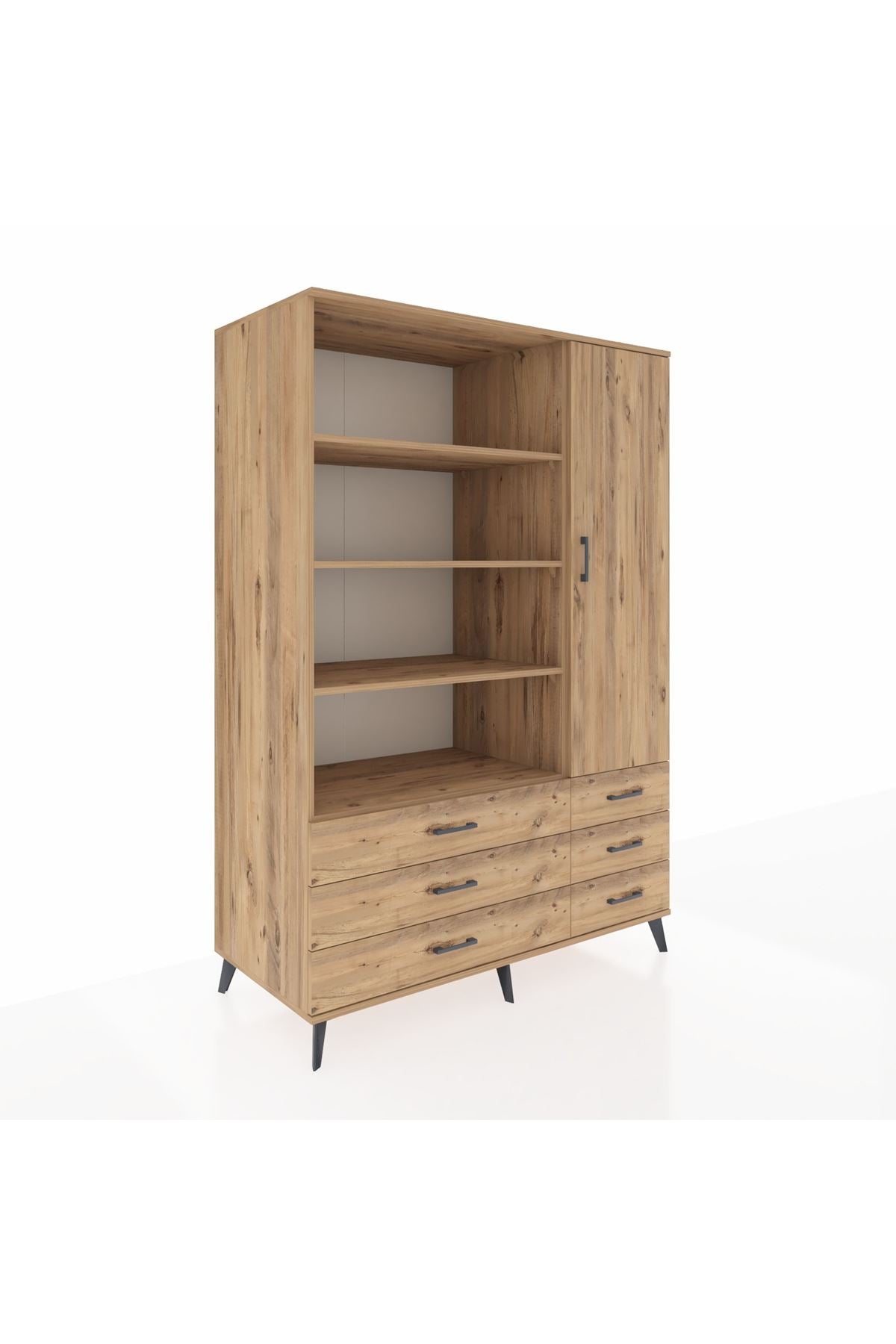 Kronos Dolap 8 Raflı 6 Çekmeceli Tek Kapaklı 132x59x195 Çam-Çam/Çam