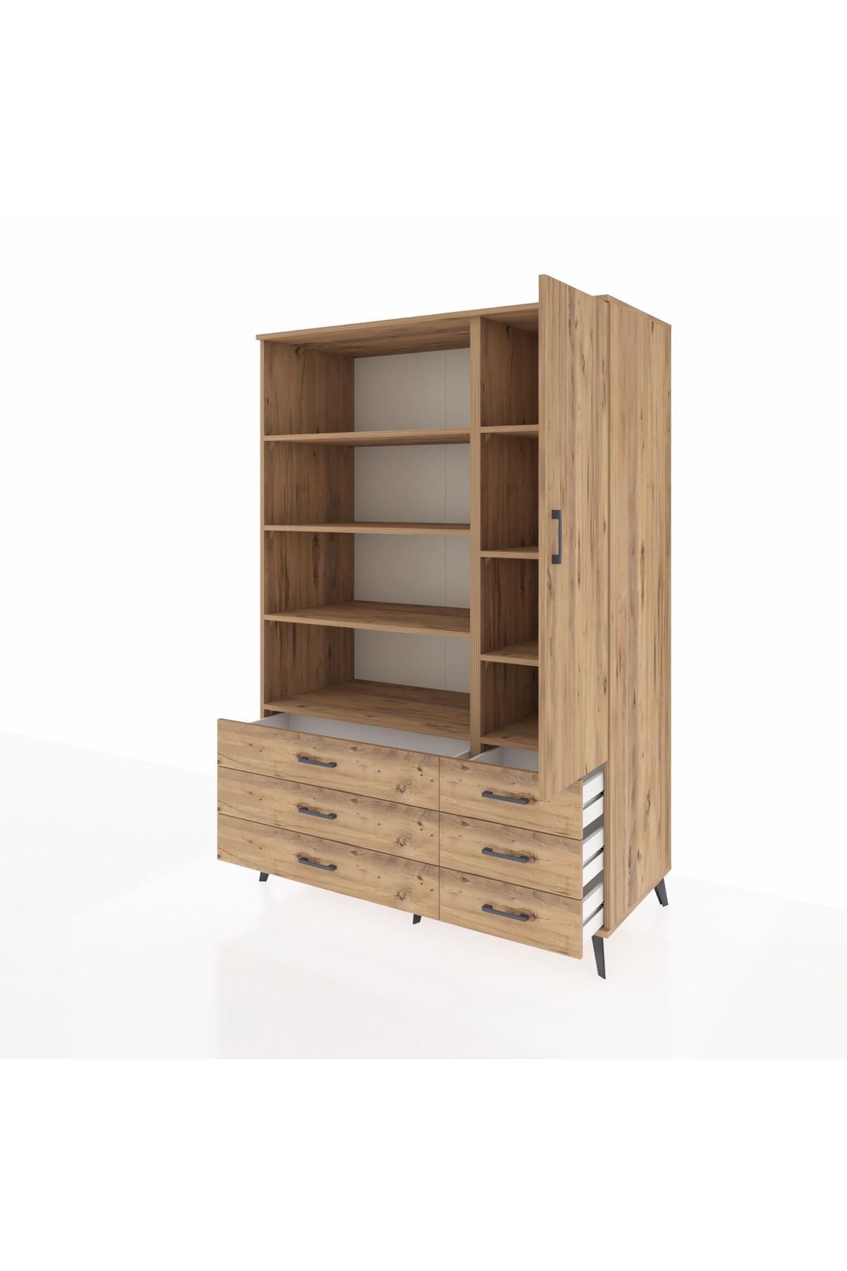 Kronos Dolap 8 Raflı 6 Çekmeceli Tek Kapaklı 132x59x195 Çam-Çam/Çam