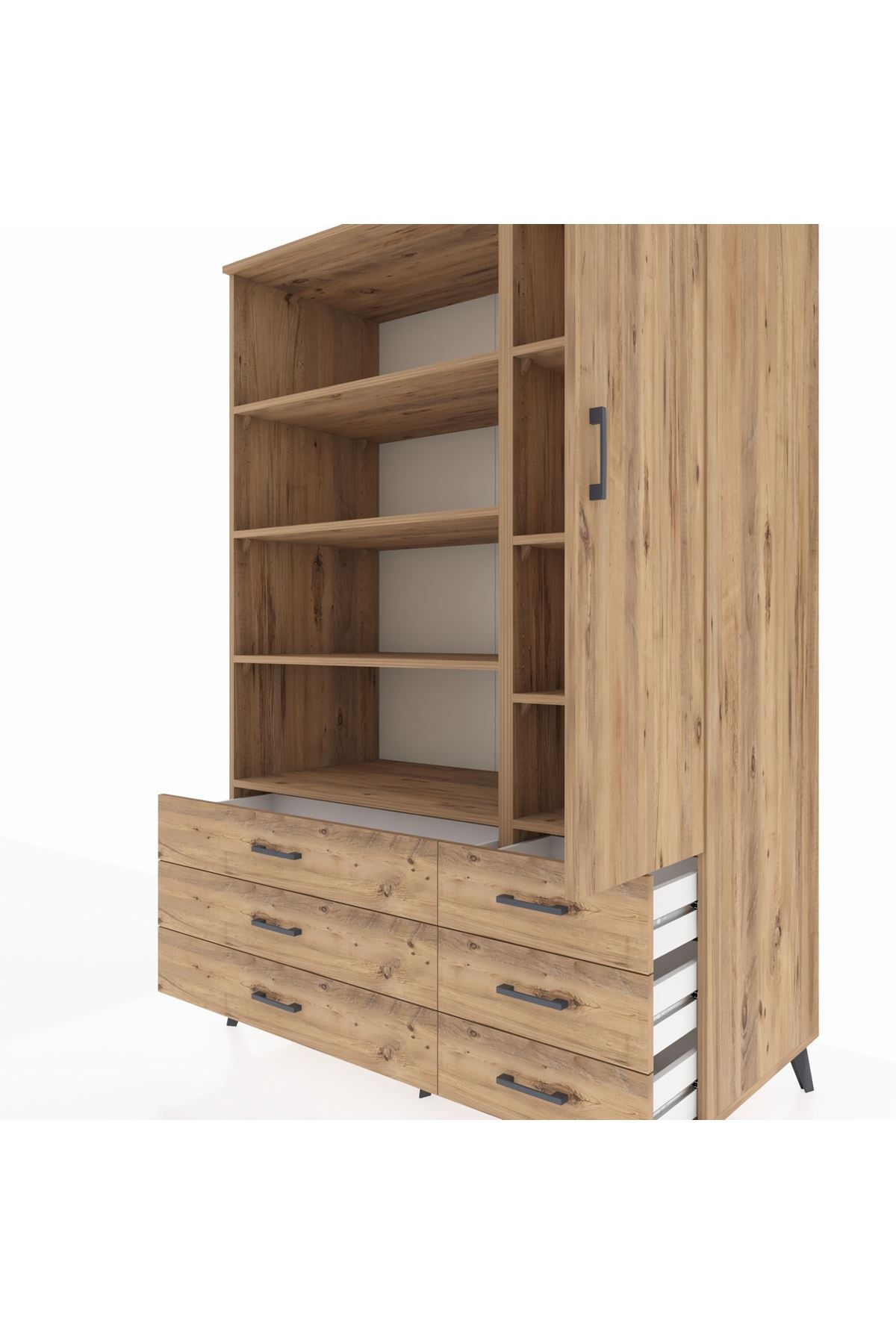 Kronos Dolap 8 Raflı 6 Çekmeceli Tek Kapaklı 132x59x195 Çam-Çam/Çam