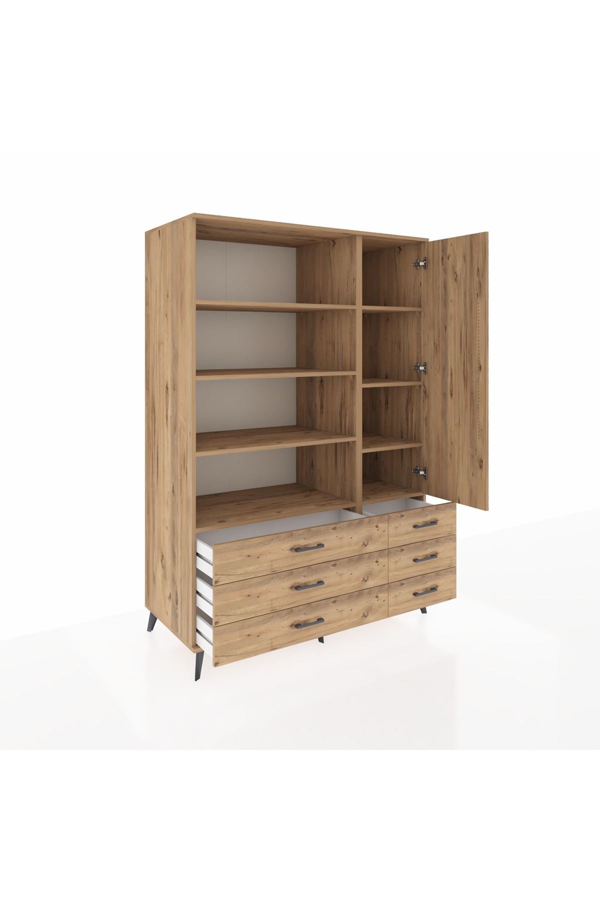 Kronos Dolap 8 Raflı 6 Çekmeceli Tek Kapaklı 132x59x195 Çam-Çam/Çam