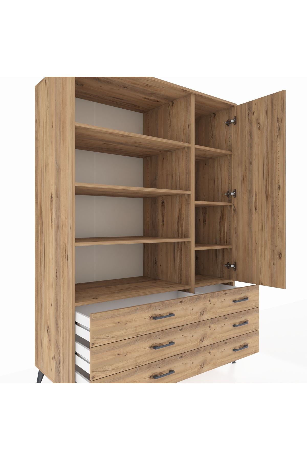 Kronos Dolap 8 Raflı 6 Çekmeceli Tek Kapaklı 132x59x195 Çam-Çam/Çam