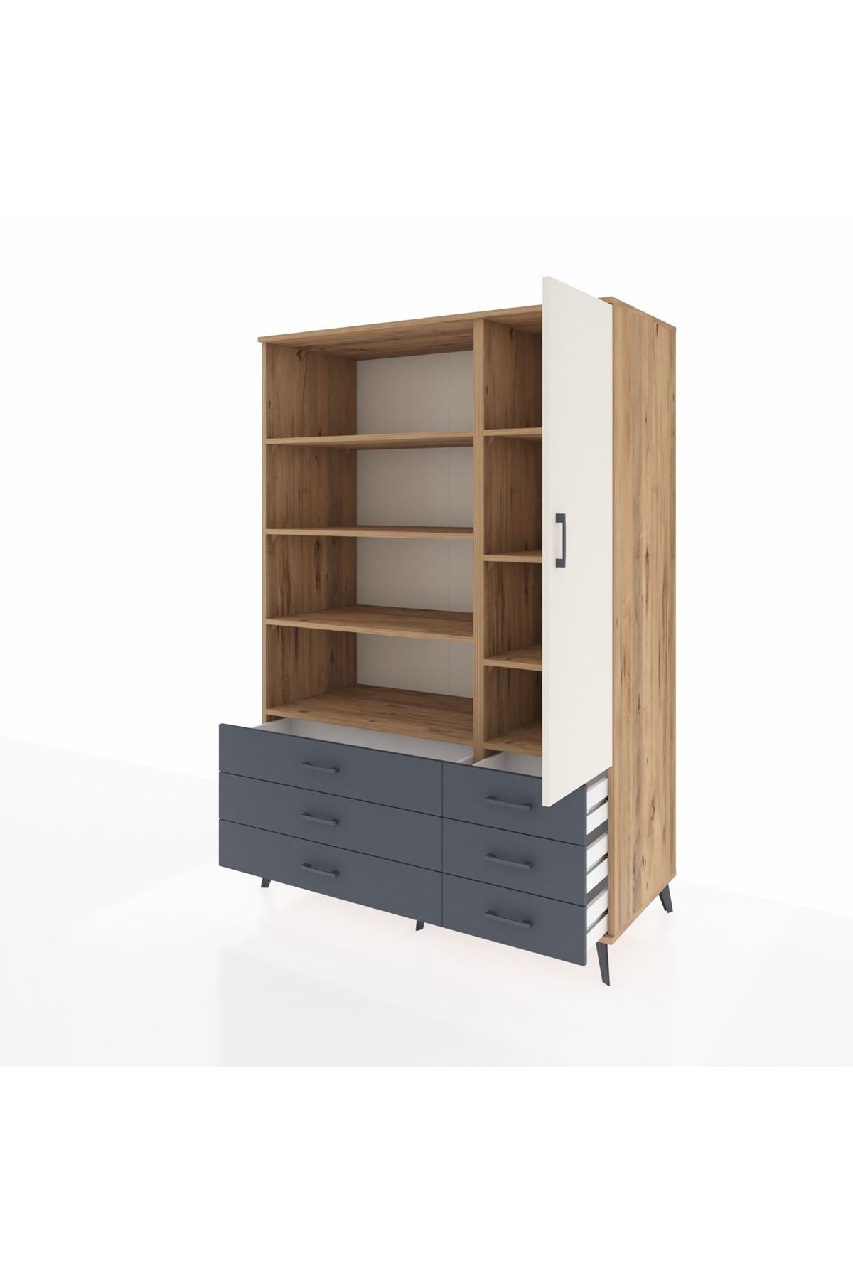 Kronos Dolap 8 Raflı 6 Çekmeceli Tek Kapaklı 132x59x195 Çam-Aytaşı/Antrasit