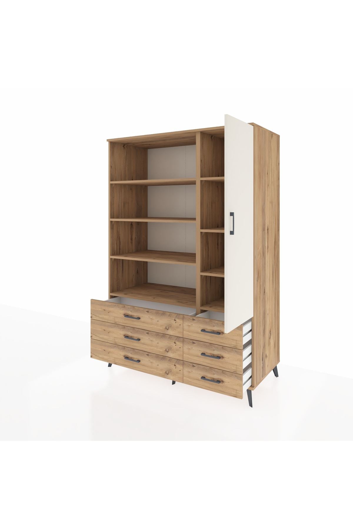 Kronos Dolap 8 Raflı 6 Çekmeceli Tek Kapaklı 132x59x195 Çam-Aytaşı/Çam