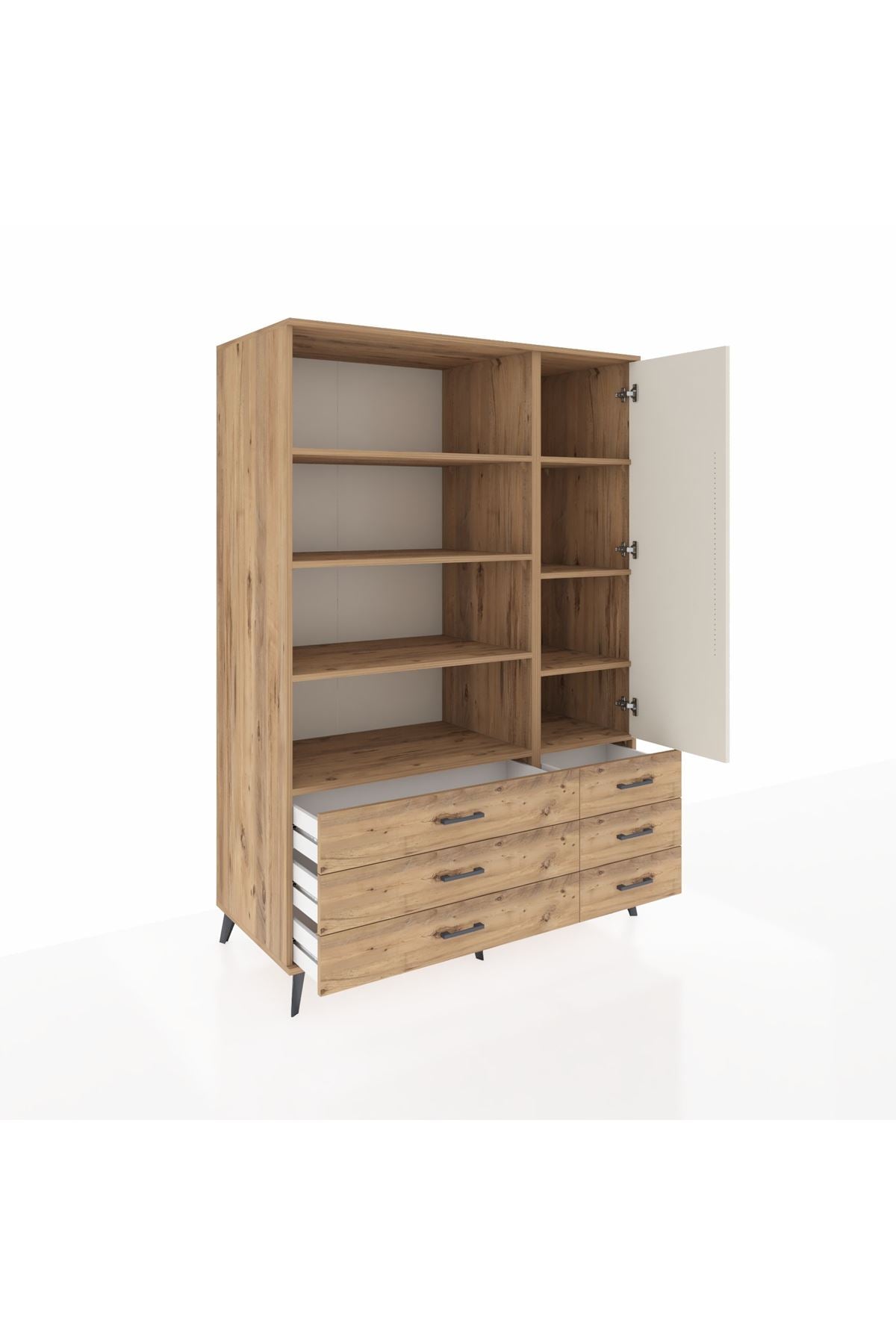 Kronos Dolap 8 Raflı 6 Çekmeceli Tek Kapaklı 132x59x195 Çam-Aytaşı/Çam