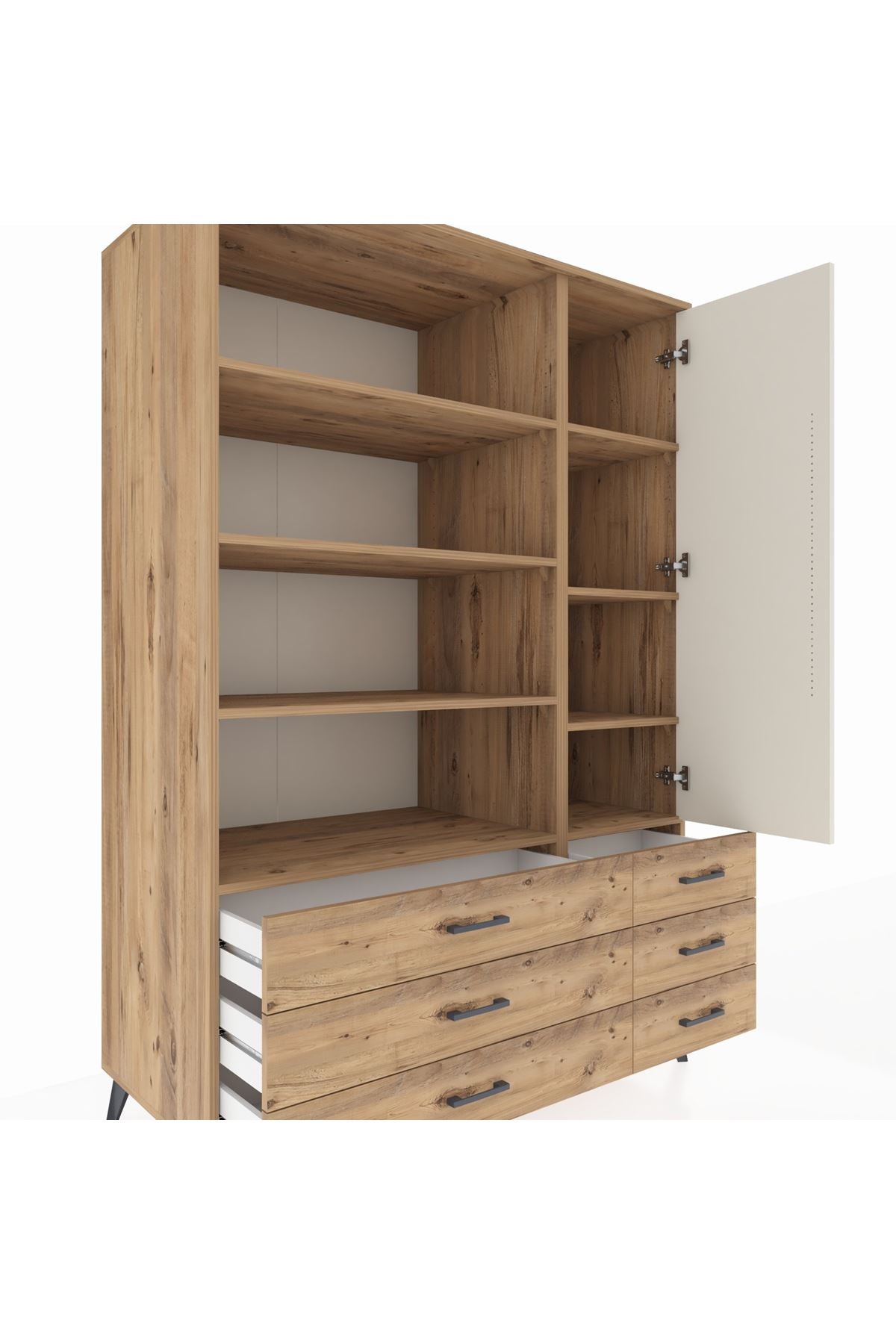 Kronos Dolap 8 Raflı 6 Çekmeceli Tek Kapaklı 132x59x195 Çam-Aytaşı/Çam