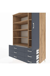 Kronos Dolap 8 Raflı 6 Çekmeceli Tek Kapaklı 132x59x195 Çam-Antrasit/Antrasit