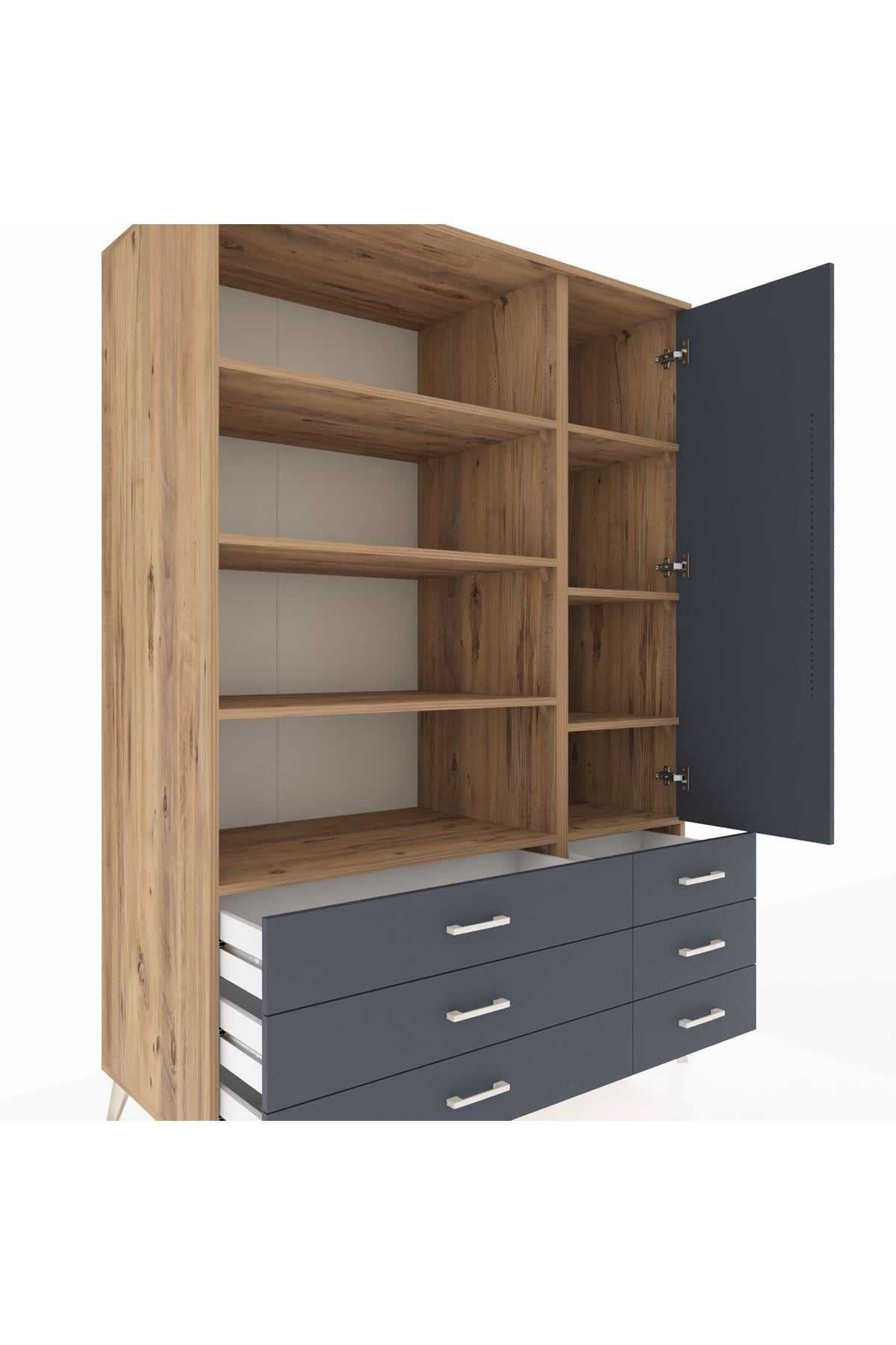 Kronos Dolap 8 Raflı 6 Çekmeceli Tek Kapaklı 132x59x195 Çam-Antrasit/Antrasit