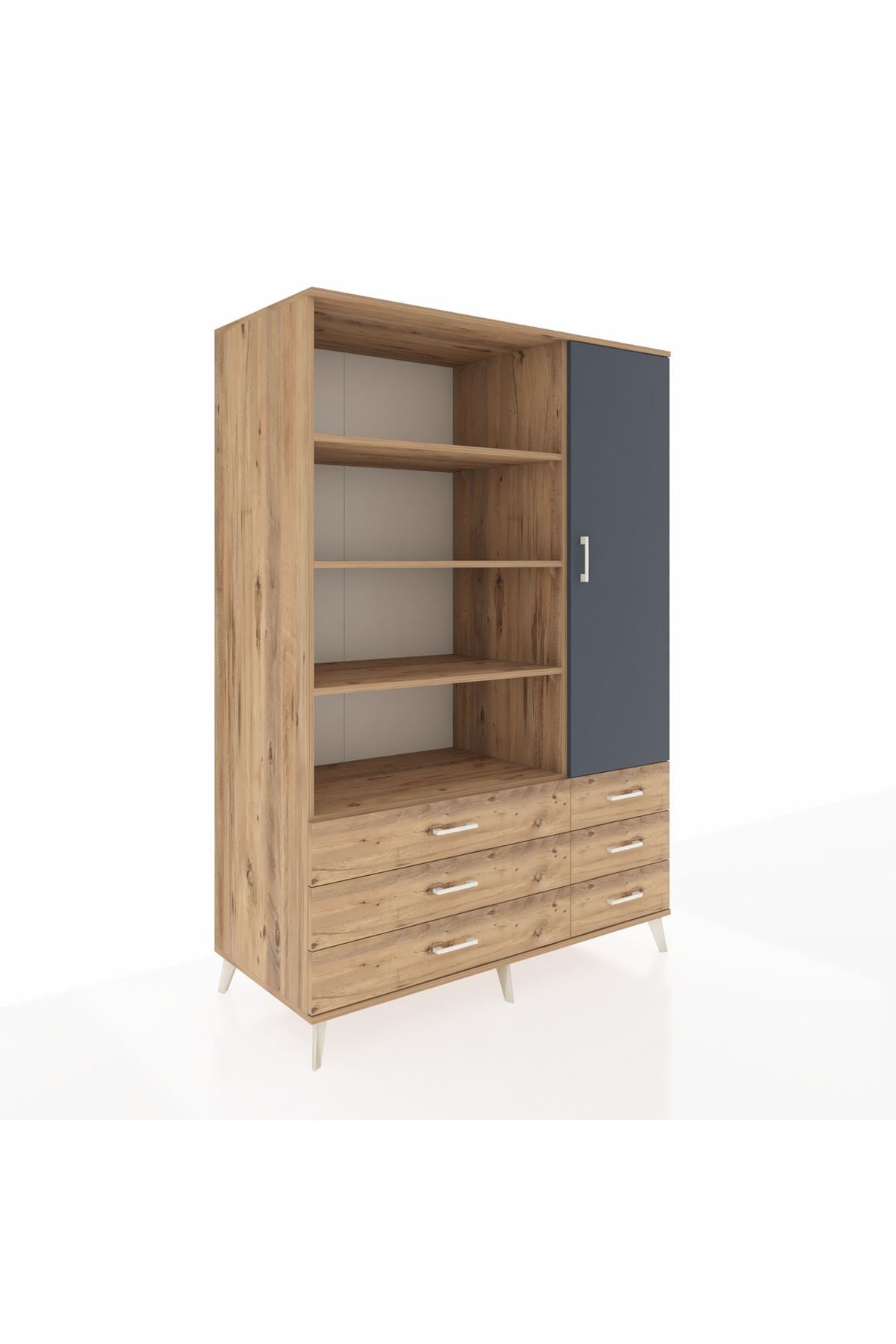 Kronos Dolap 8 Raflı 6 Çekmeceli Tek Kapaklı 132x59x195 Çam-Antrasit/Çam