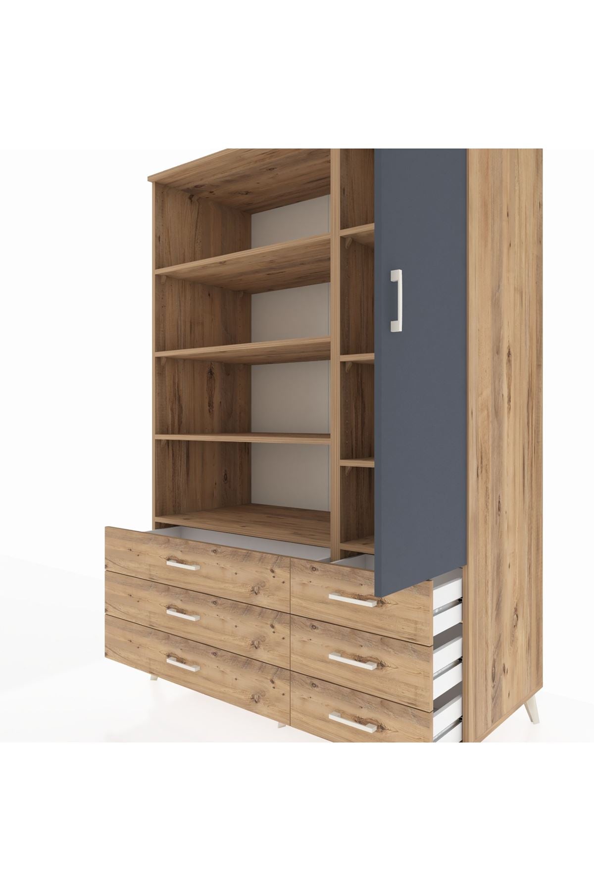 Kronos Dolap 8 Raflı 6 Çekmeceli Tek Kapaklı 132x59x195 Çam-Antrasit/Çam