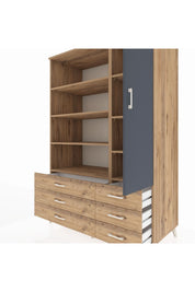 Kronos Dolap 8 Raflı 6 Çekmeceli Tek Kapaklı 132x59x195 Çam-Antrasit/Çam