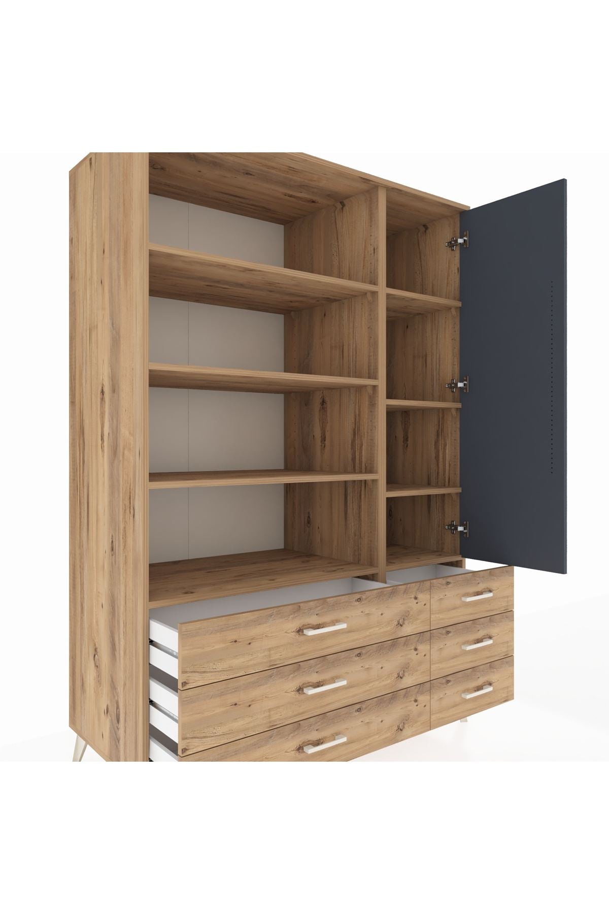 Kronos Dolap 8 Raflı 6 Çekmeceli Tek Kapaklı 132x59x195 Çam-Antrasit/Çam