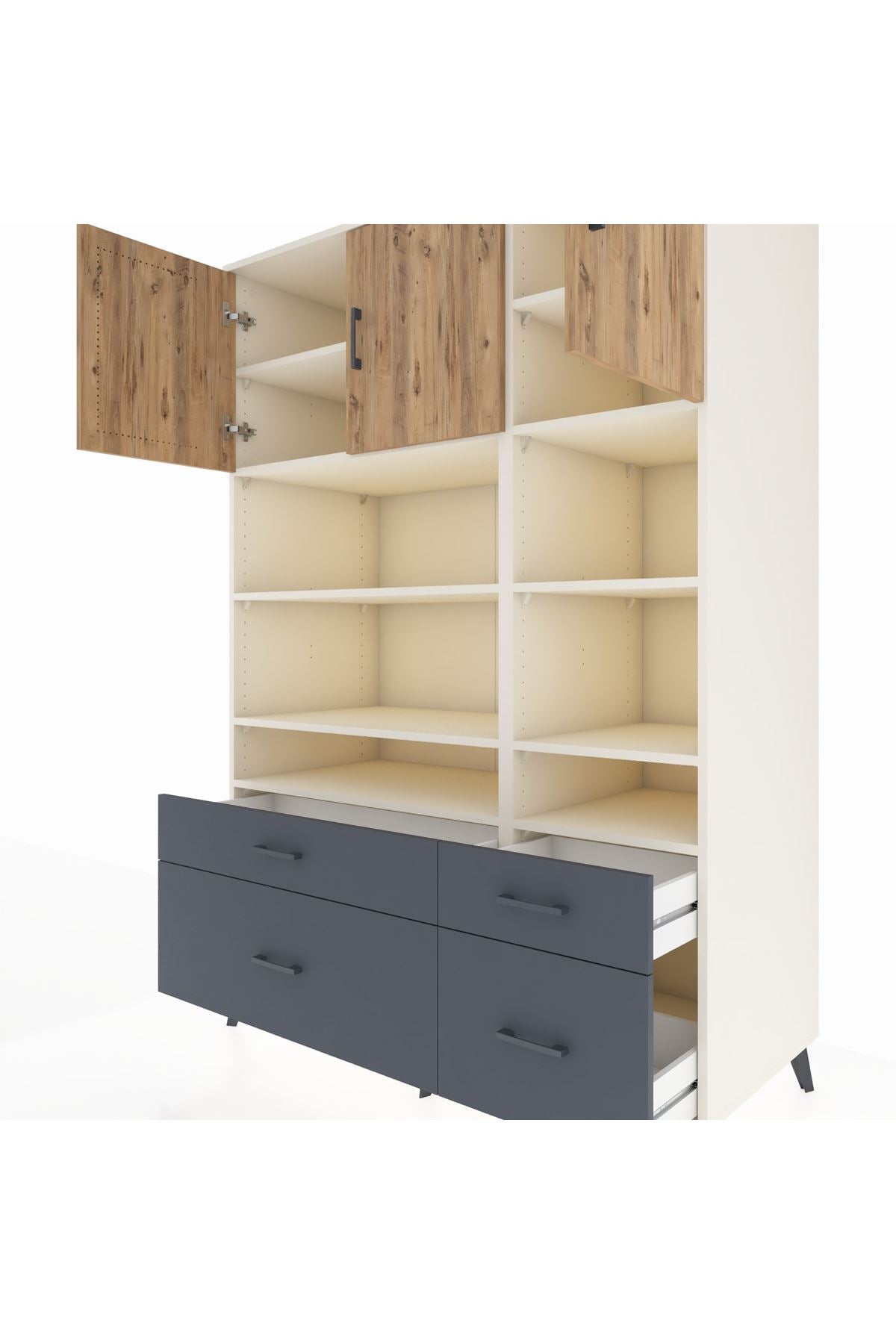 Kronos Dolap 10 Raflı 4 Çekmeceli 3 Kapaklı 132x59x195 Aytaşı-Çam/Antrasit