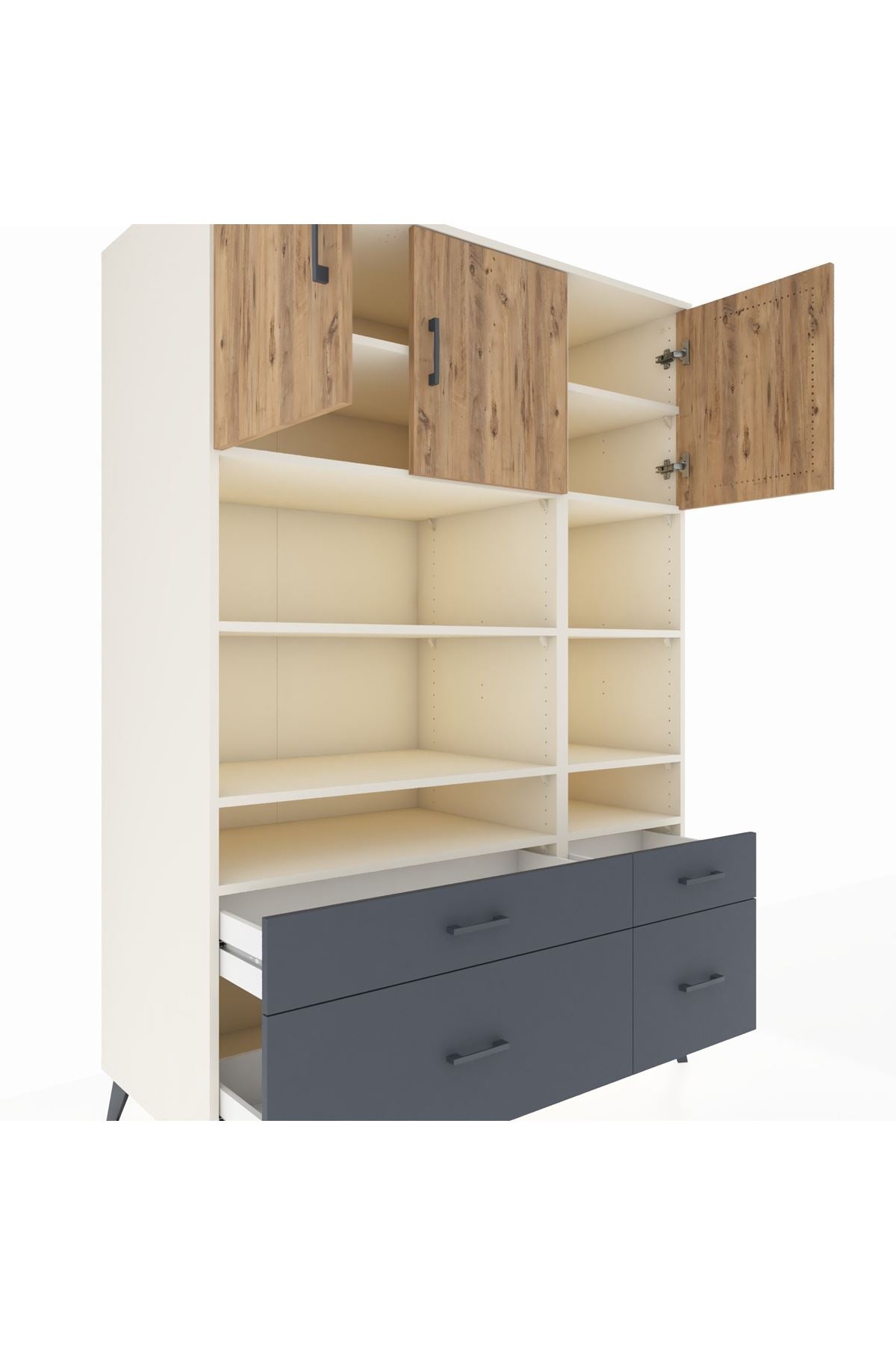 Kronos Dolap 10 Raflı 4 Çekmeceli 3 Kapaklı 132x59x195 Aytaşı-Çam/Antrasit