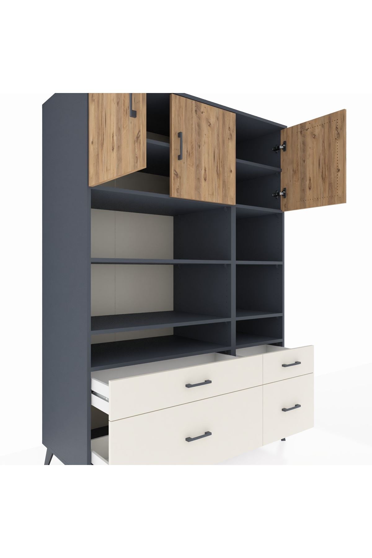 Kronos Dolap 10 Raflı 4 Çekmeceli 3 Kapaklı 132x59x195 Antrasit-Çam/Aytaşı