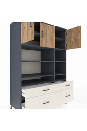 Kronos Dolap 10 Raflı 4 Çekmeceli 3 Kapaklı 132x59x195 Antrasit-Çam/Aytaşı
