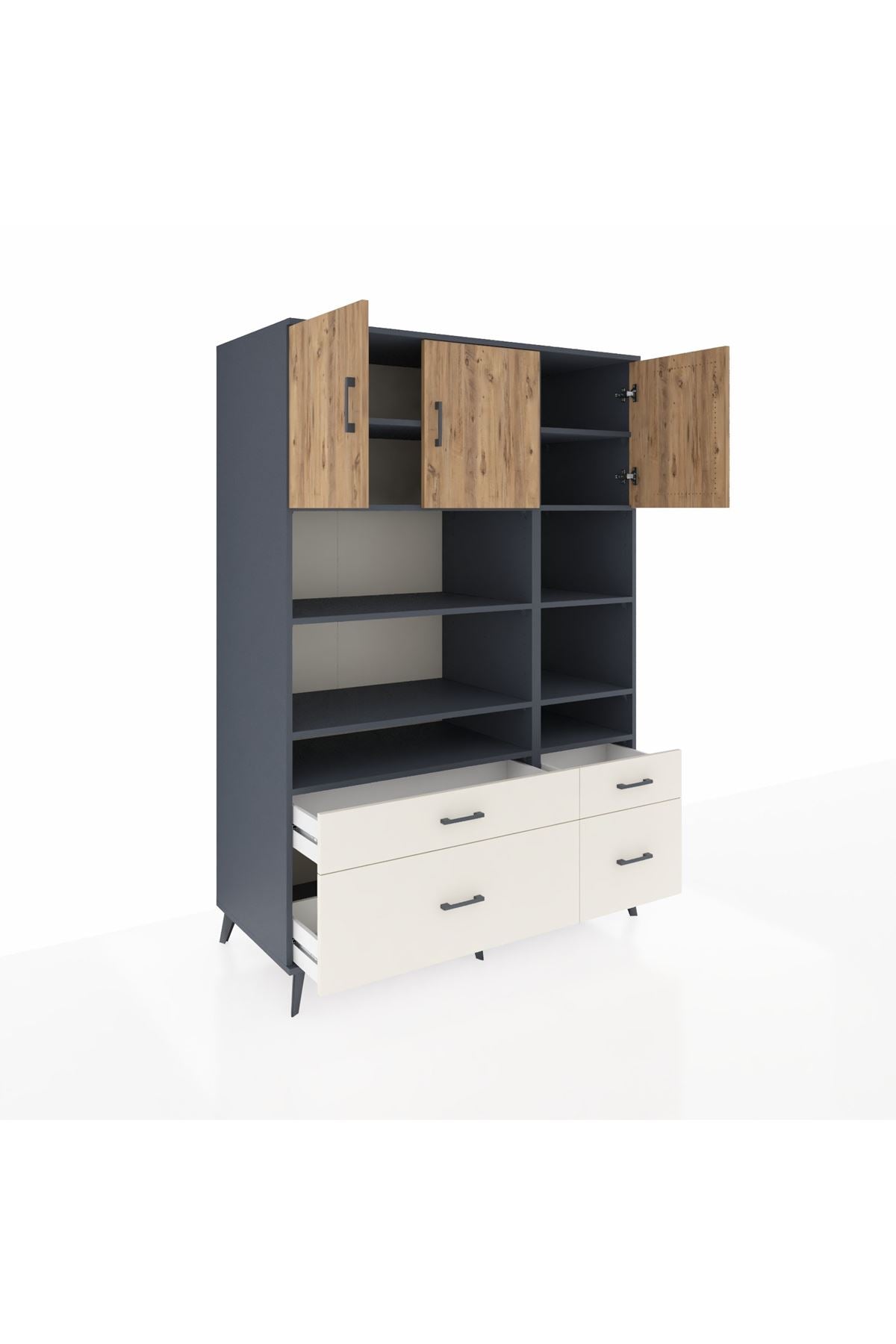 Kronos Dolap 10 Raflı 4 Çekmeceli 3 Kapaklı 132x59x195 Antrasit-Çam/Aytaşı