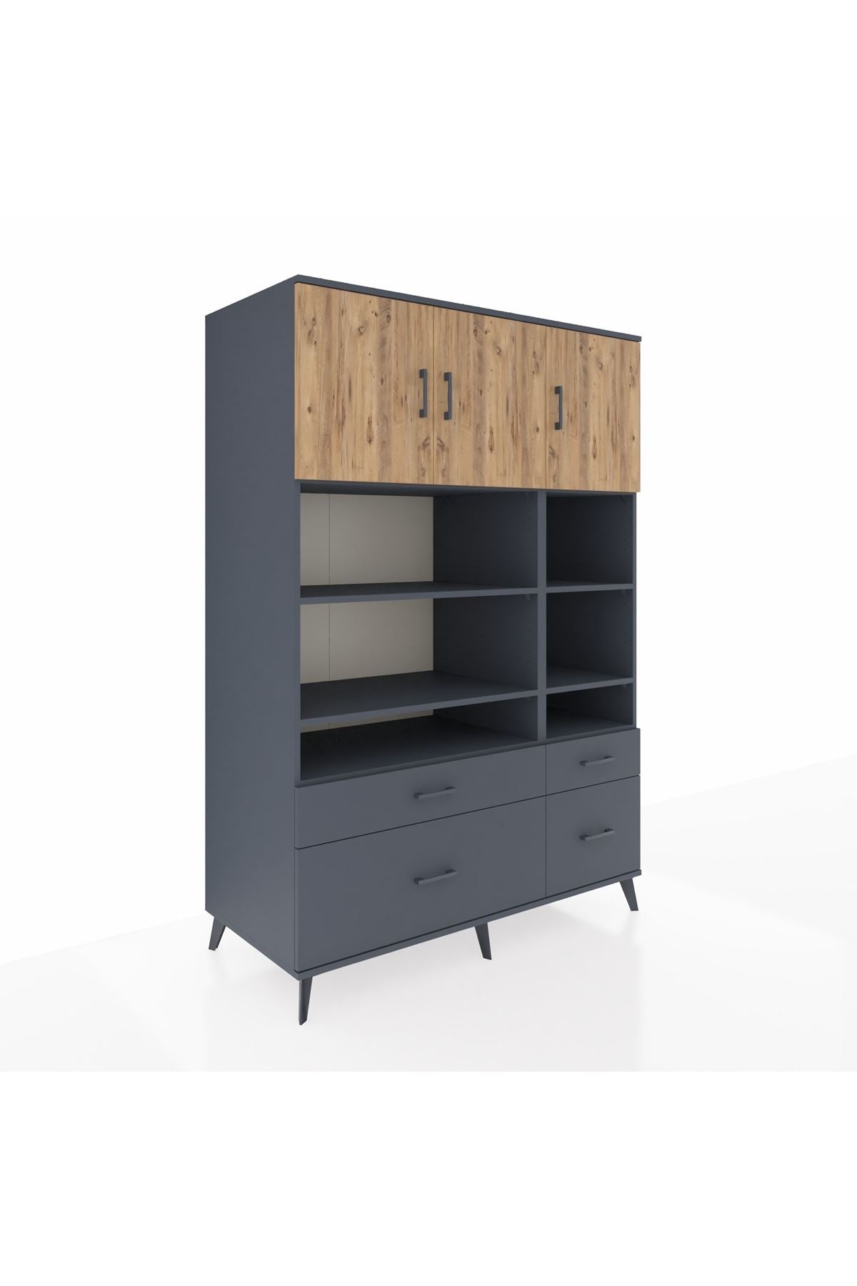 Kronos Dolap 10 Raflı 4 Çekmeceli 3 Kapaklı 132x59x195 Antrasit-Çam/Antrasit