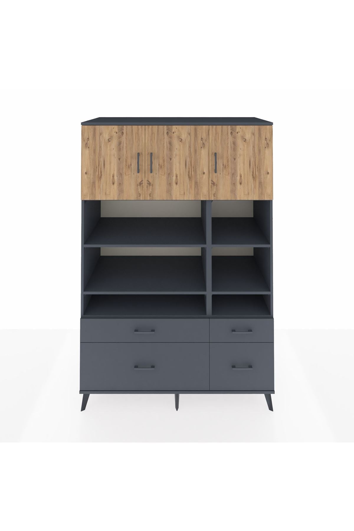 Kronos Dolap 10 Raflı 4 Çekmeceli 3 Kapaklı 132x59x195 Antrasit-Çam/Antrasit