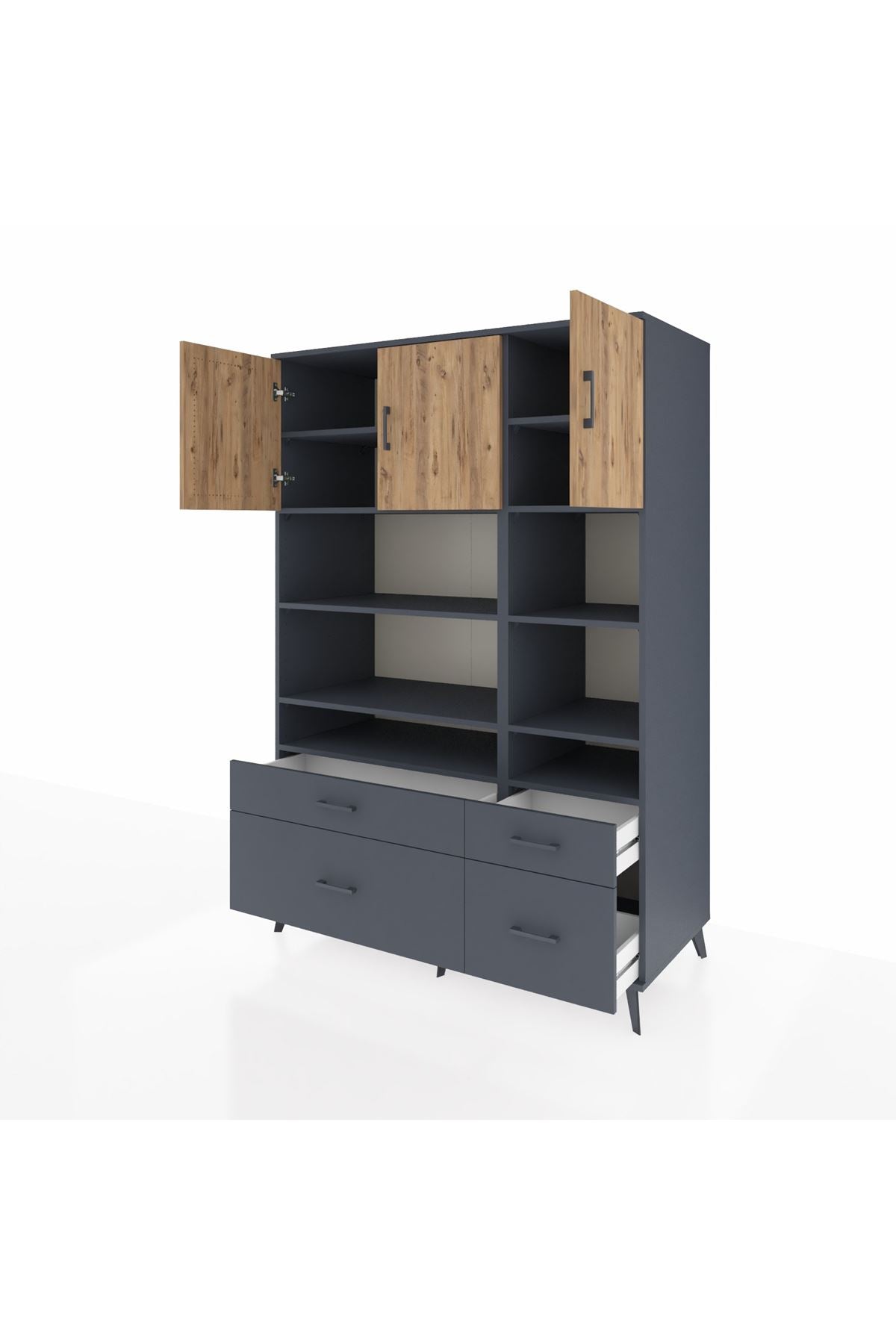 Kronos Dolap 10 Raflı 4 Çekmeceli 3 Kapaklı 132x59x195 Antrasit-Çam/Antrasit